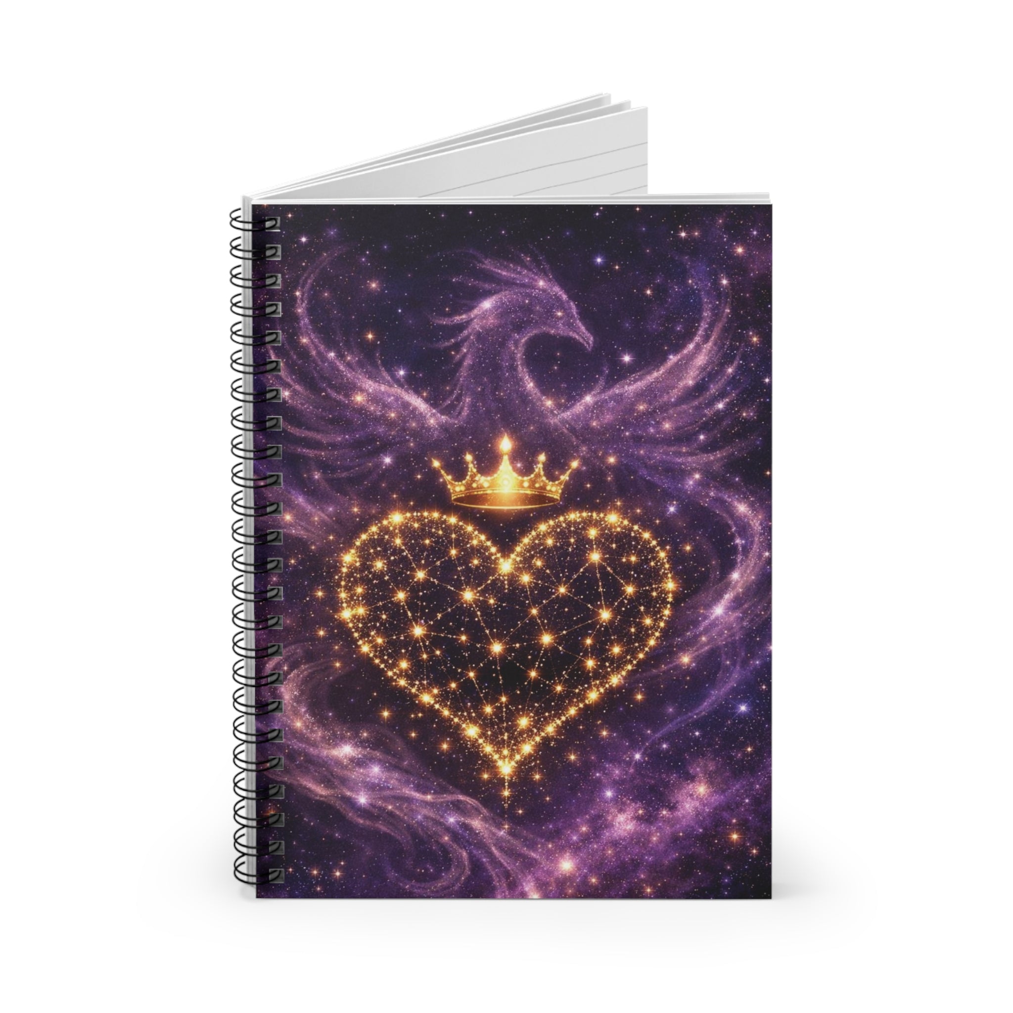 Notebook with a heart design featuring a crown on a purple galaxy background