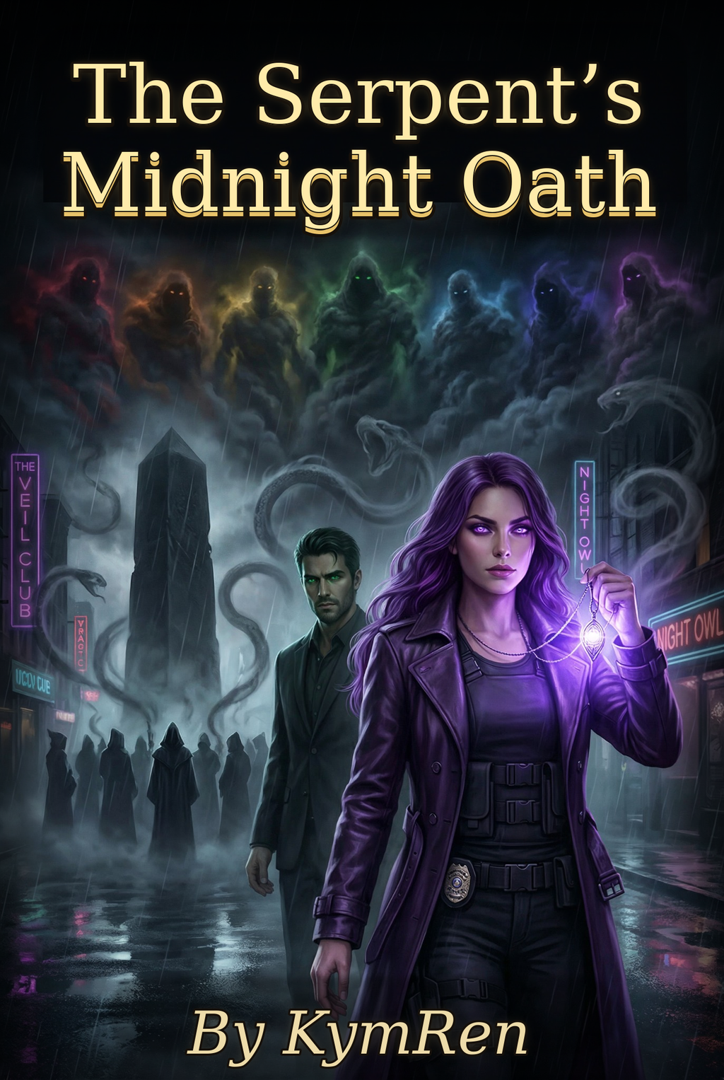 Book cover of 'The Serpent's Midnight Oath' featuring a character with purple hair and a glowing staff.