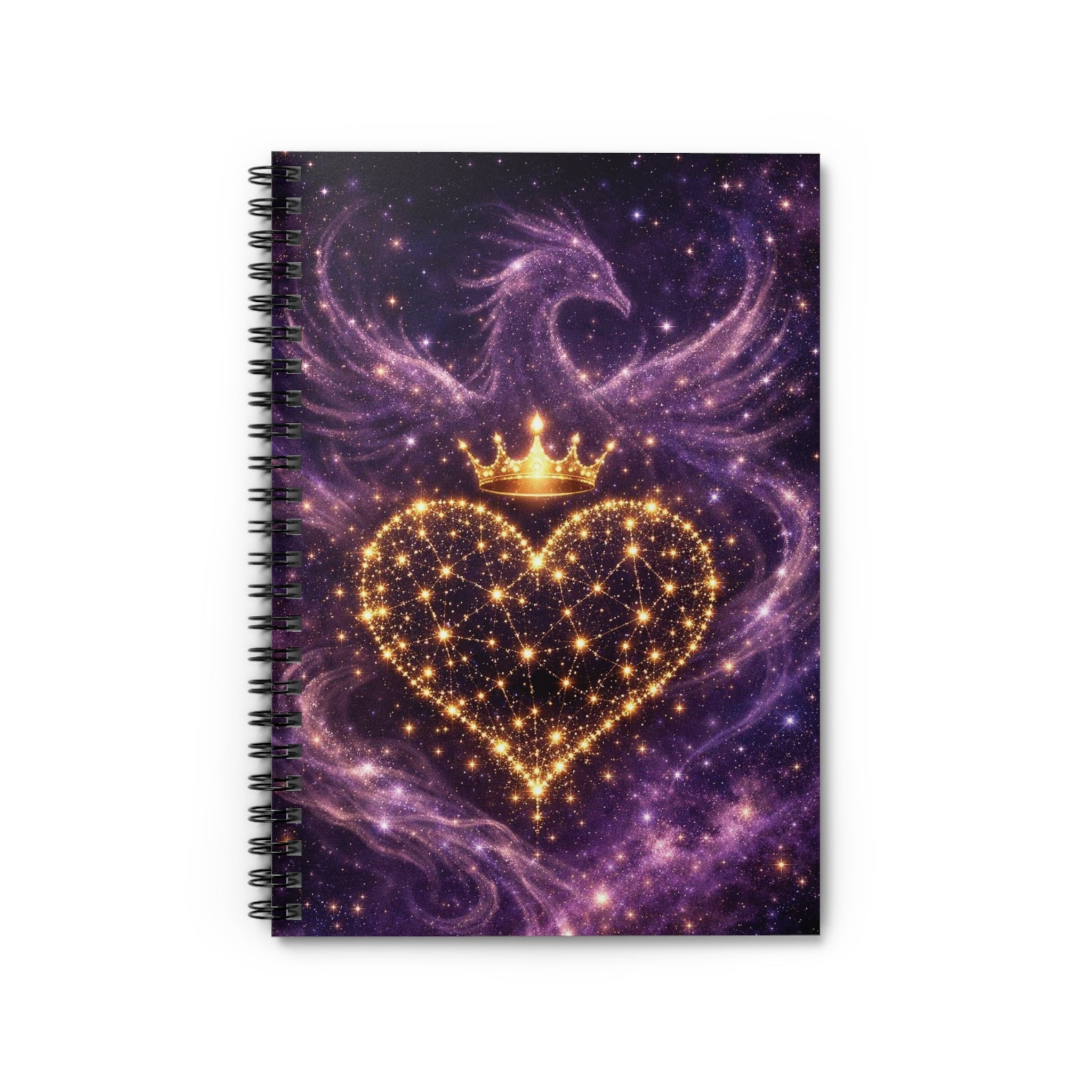 Notebook with a heart design featuring a crown and phoenix on a purple galaxy background