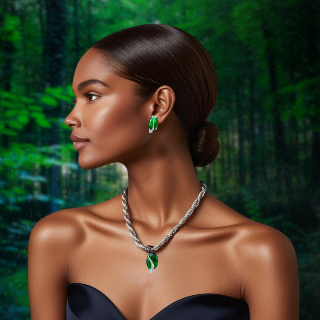 Woman wearing green earrings and a necklace with a forest background