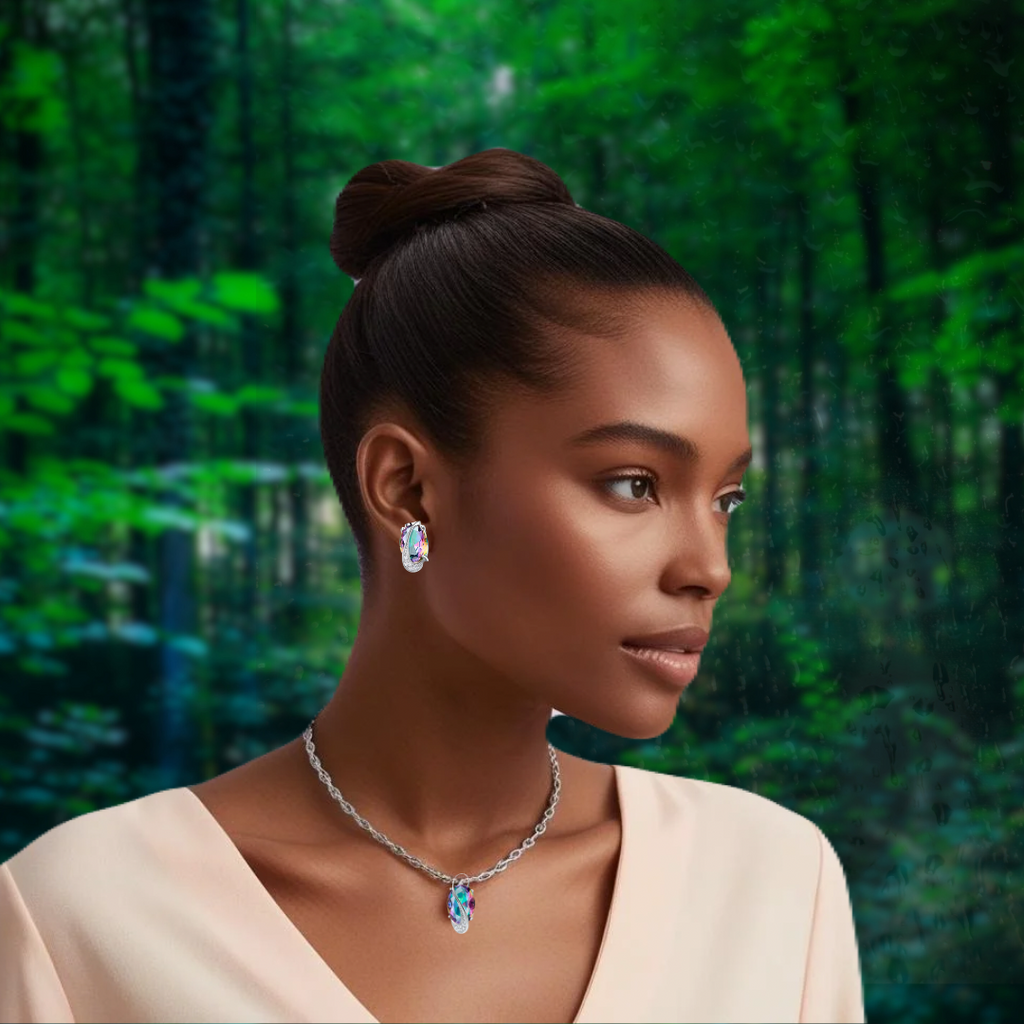 Woman wearing jewelry with a forest background