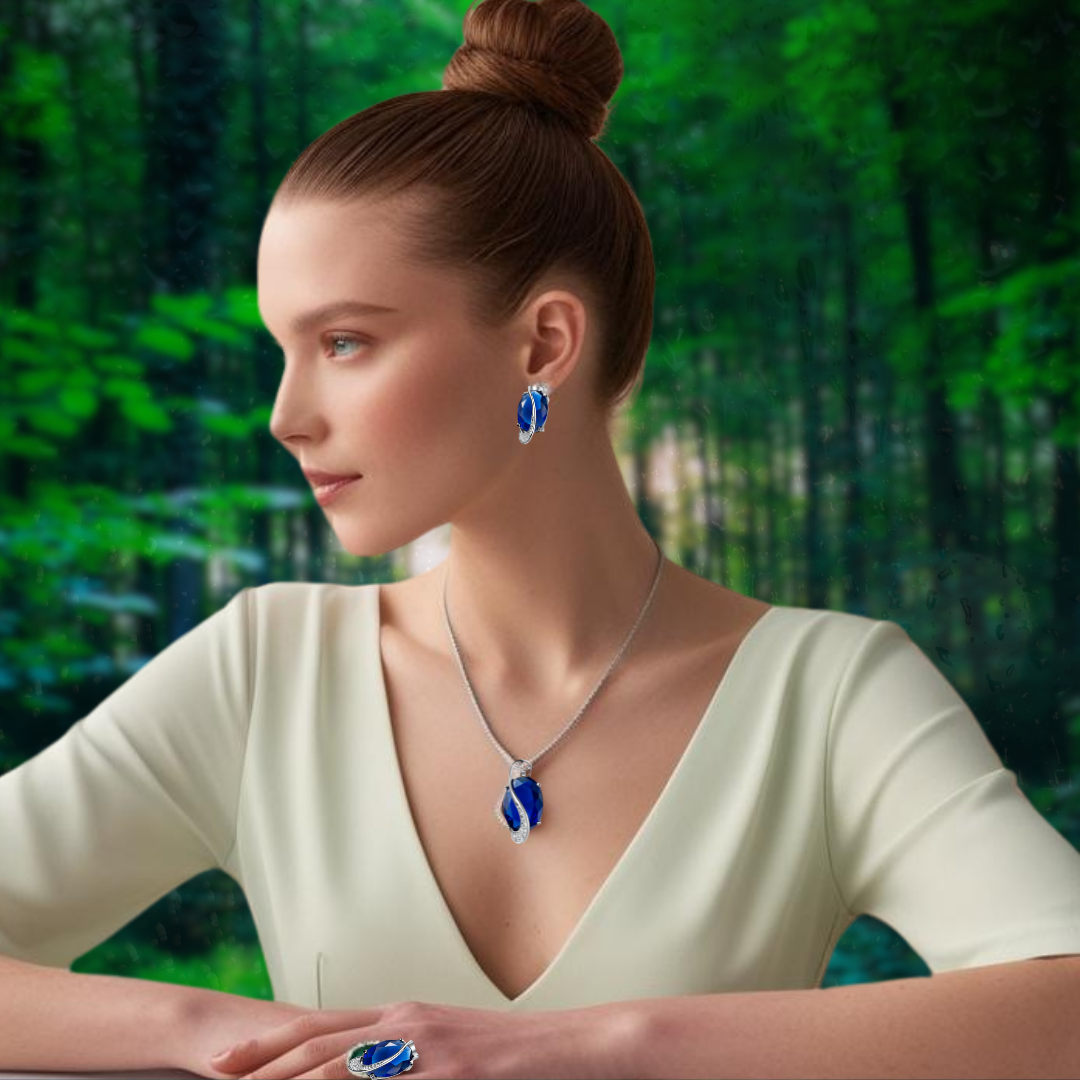 Woman wearing blue earrings and ring with a forest background