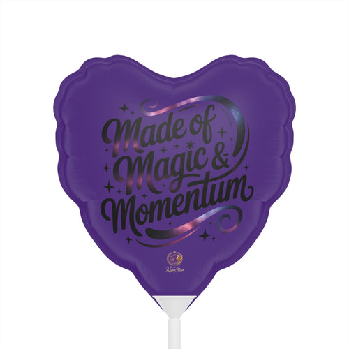 Purple heart-shaped balloon with 'Made of Magic & Momentum' text on a purple background