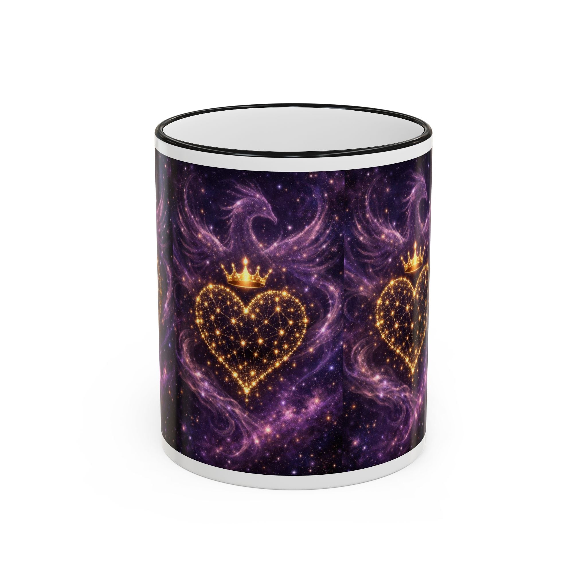 Mug with a purple galaxy design featuring gold hearts and crowns on a white background