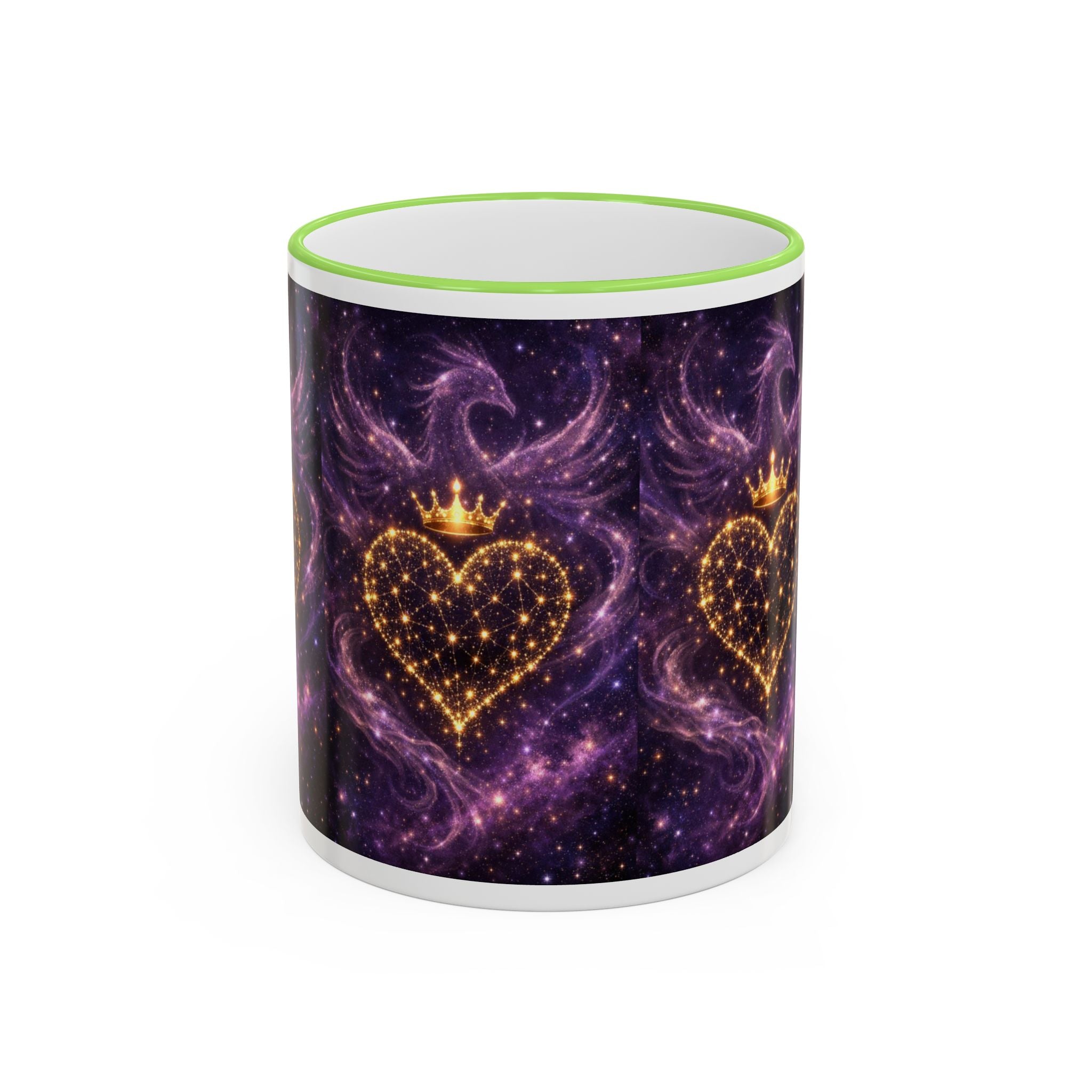 Mug with purple galaxy design and gold hearts on a white background