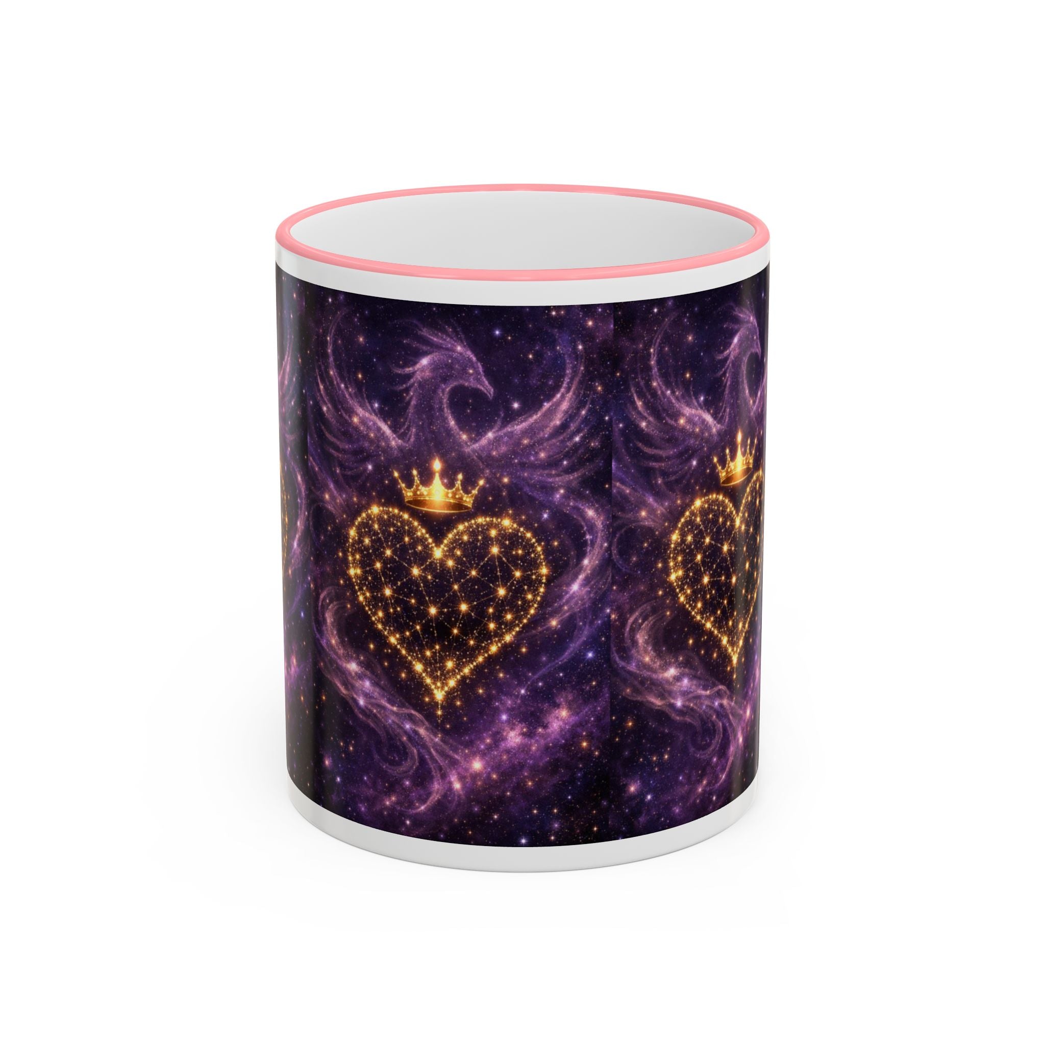 Mug with purple galaxy design featuring gold hearts and crowns on a white background