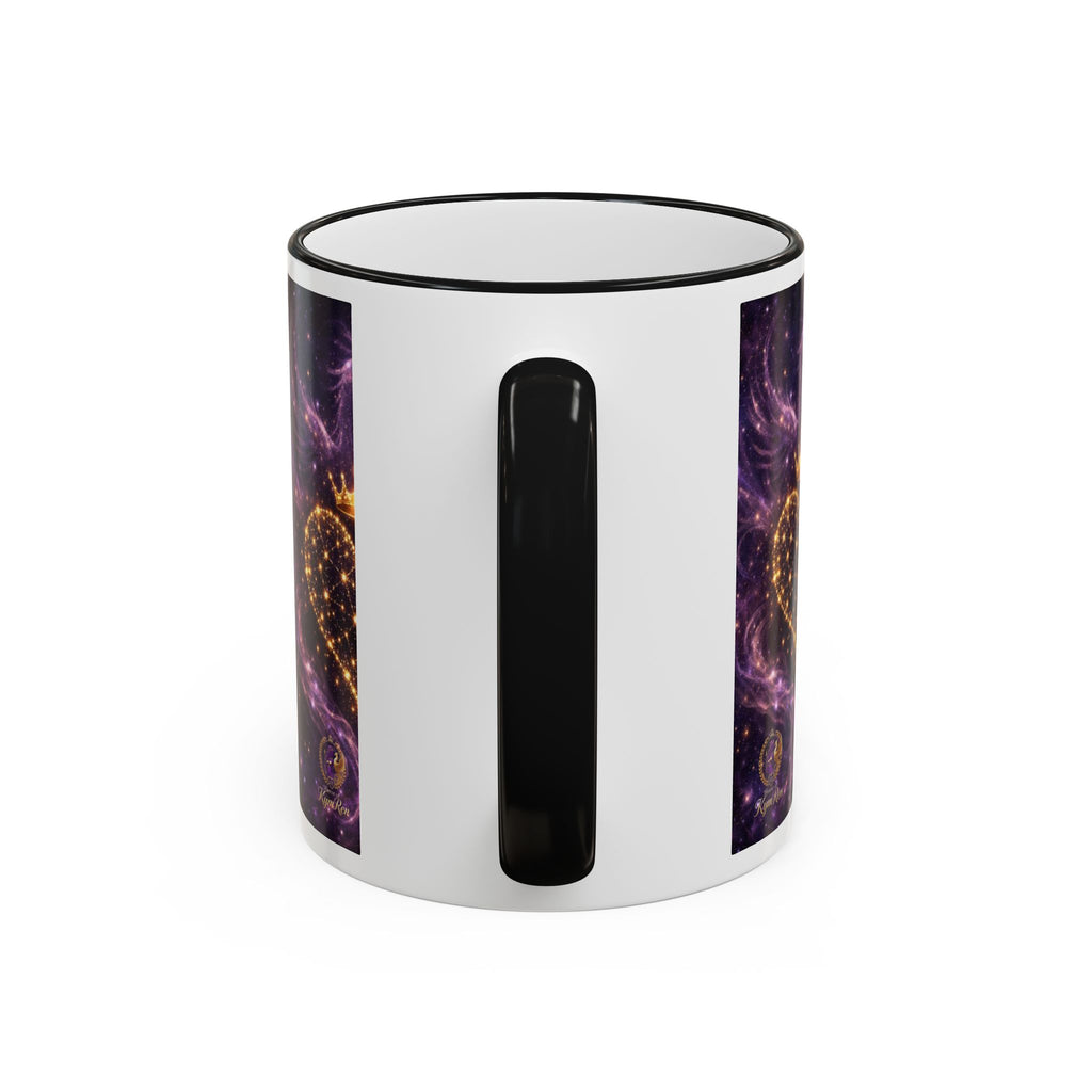 Mug with black interior, handle, and colorful abstract design on exterior on a white background