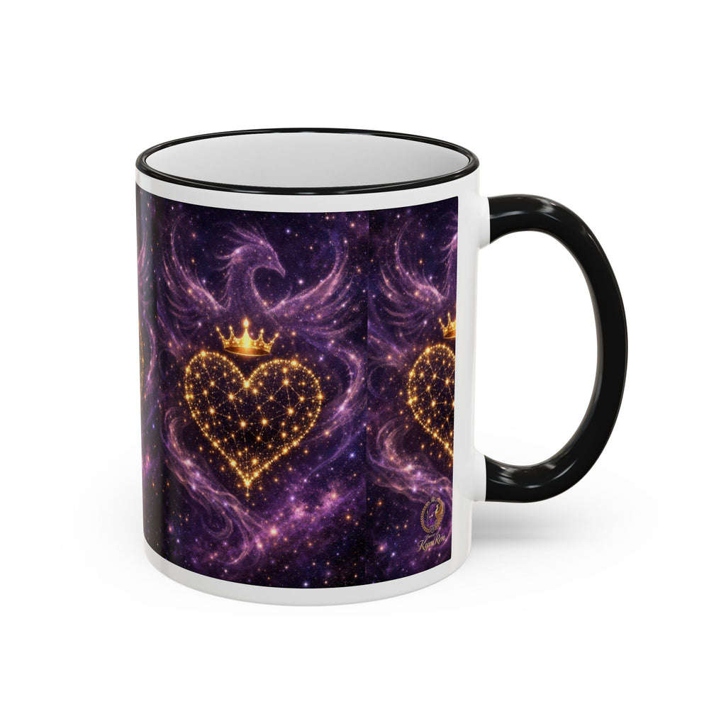 Mug with a heart design featuring a crown on a purple galaxy background