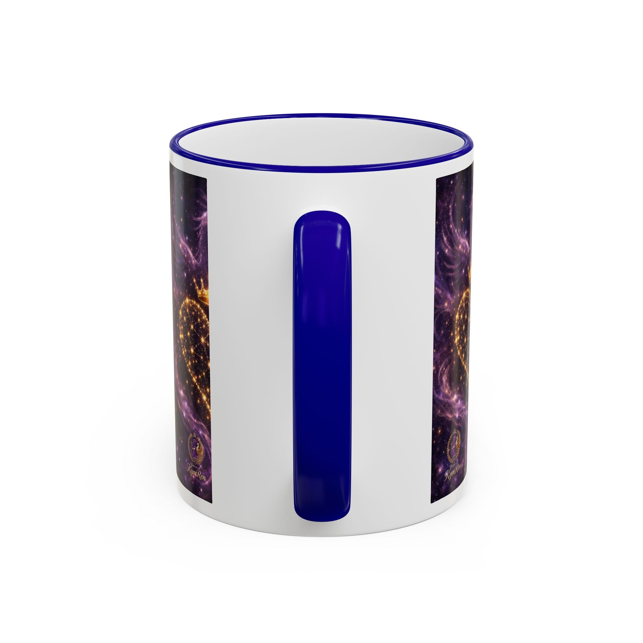 Mug with a blue handle and colorful design on a white background