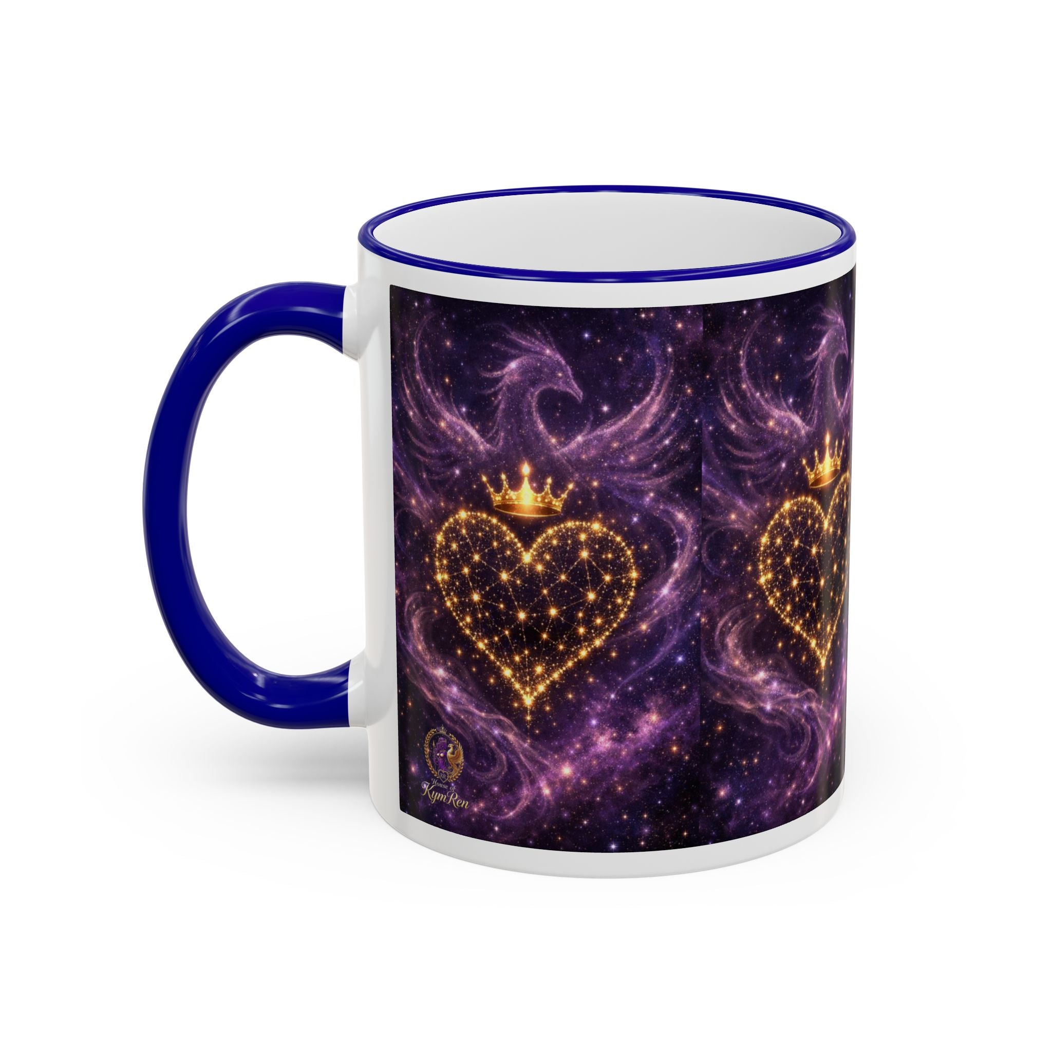 Mug with a heart design and blue handle on a white background