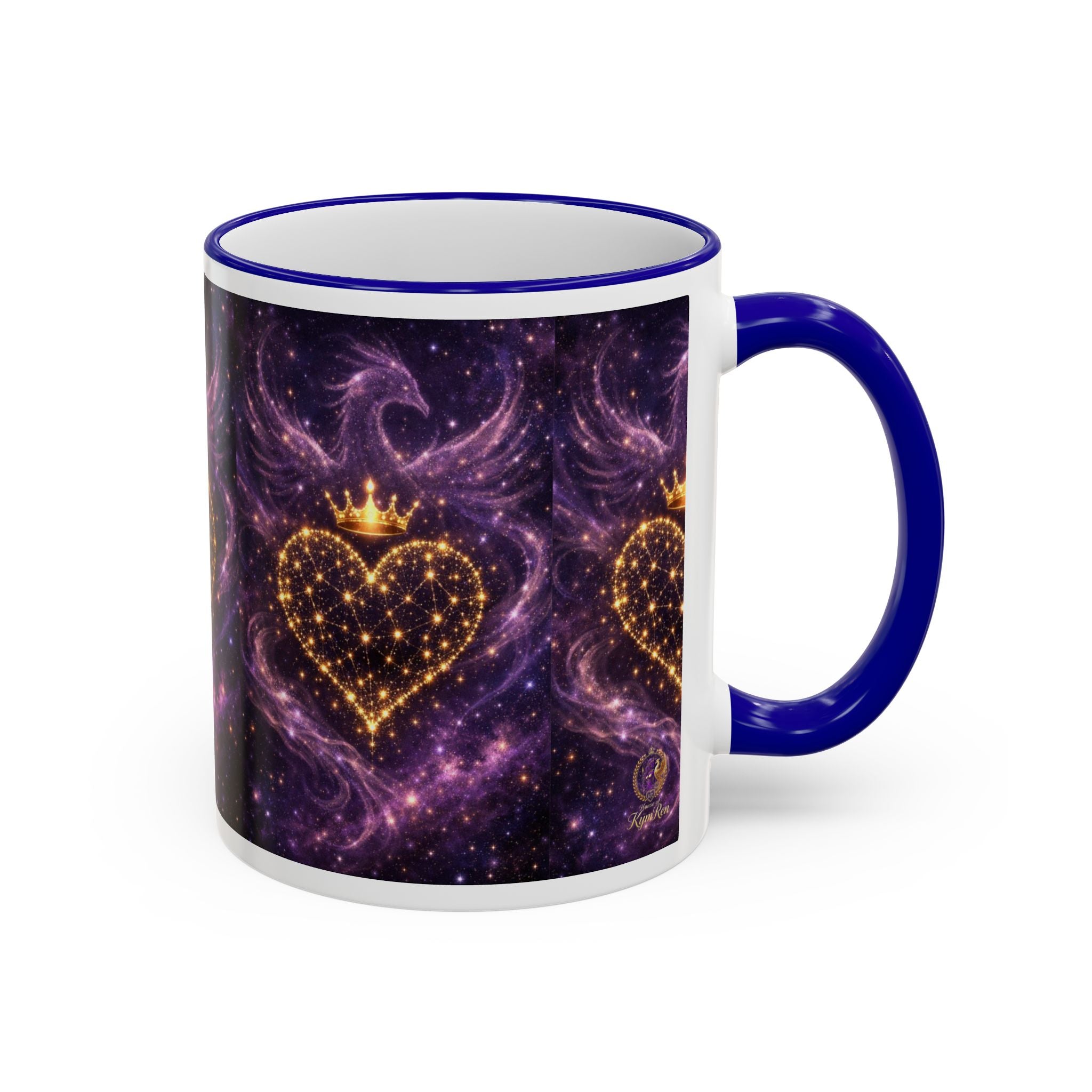 Mug with a purple heart design and blue handle on a white background