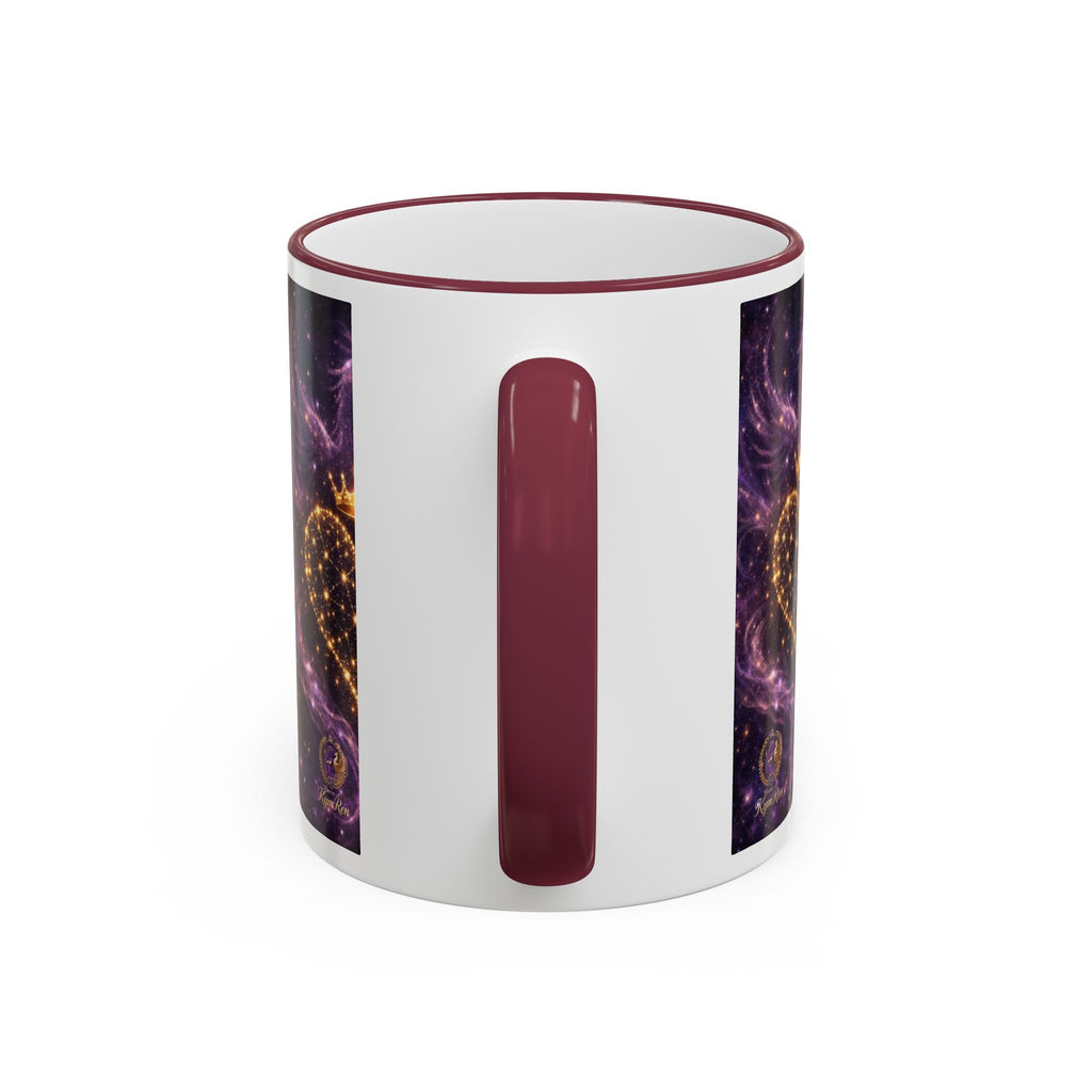 Mug with a purple interior and handle, featuring abstract designs on the exterior.