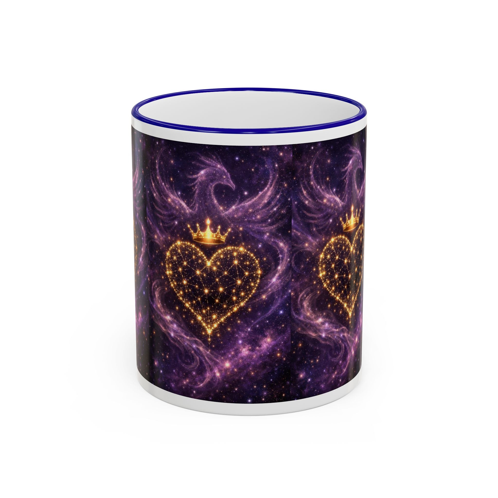 Mug with purple galaxy design featuring gold hearts and crowns on a white background