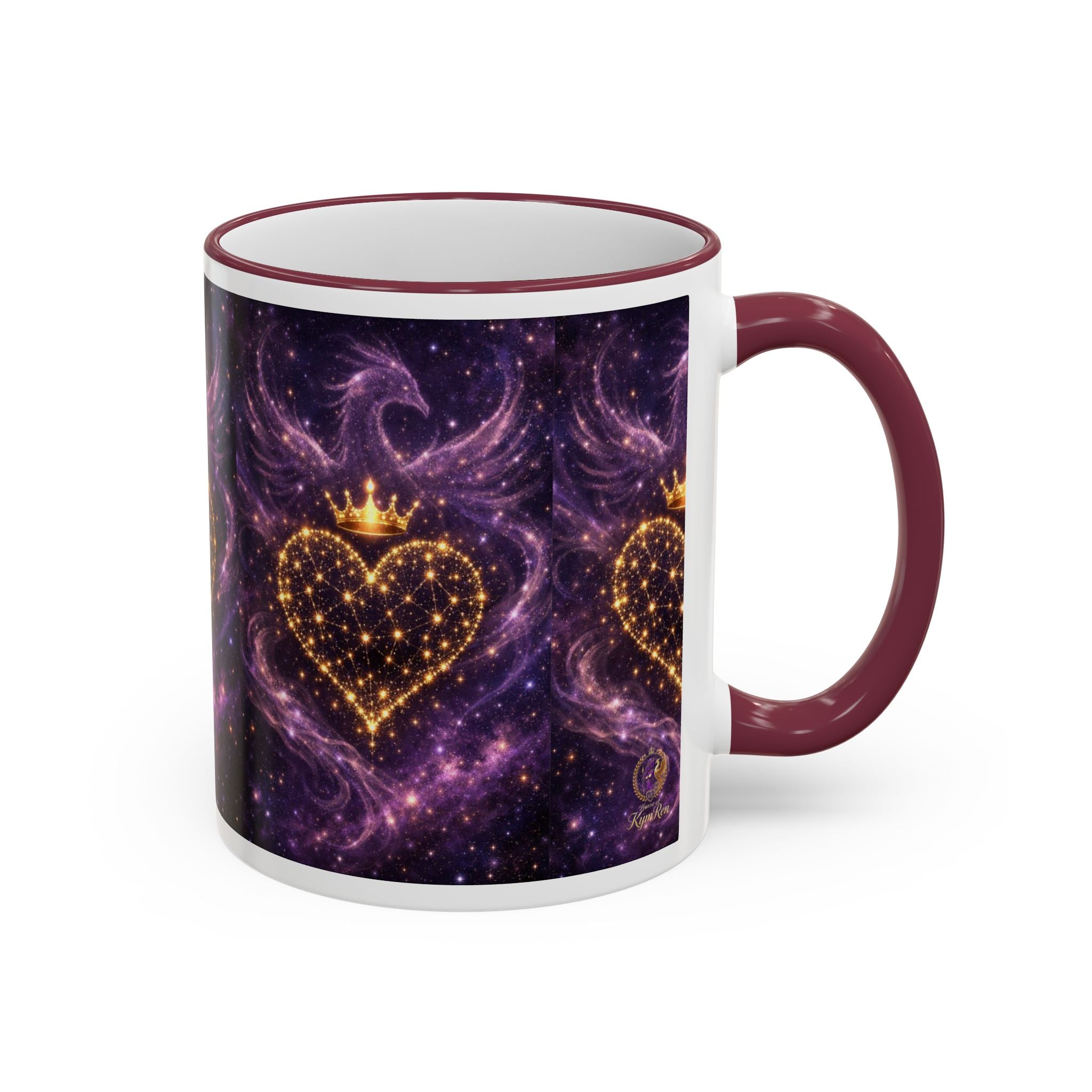 Mug with a heart design featuring a crown on a purple and gold background
