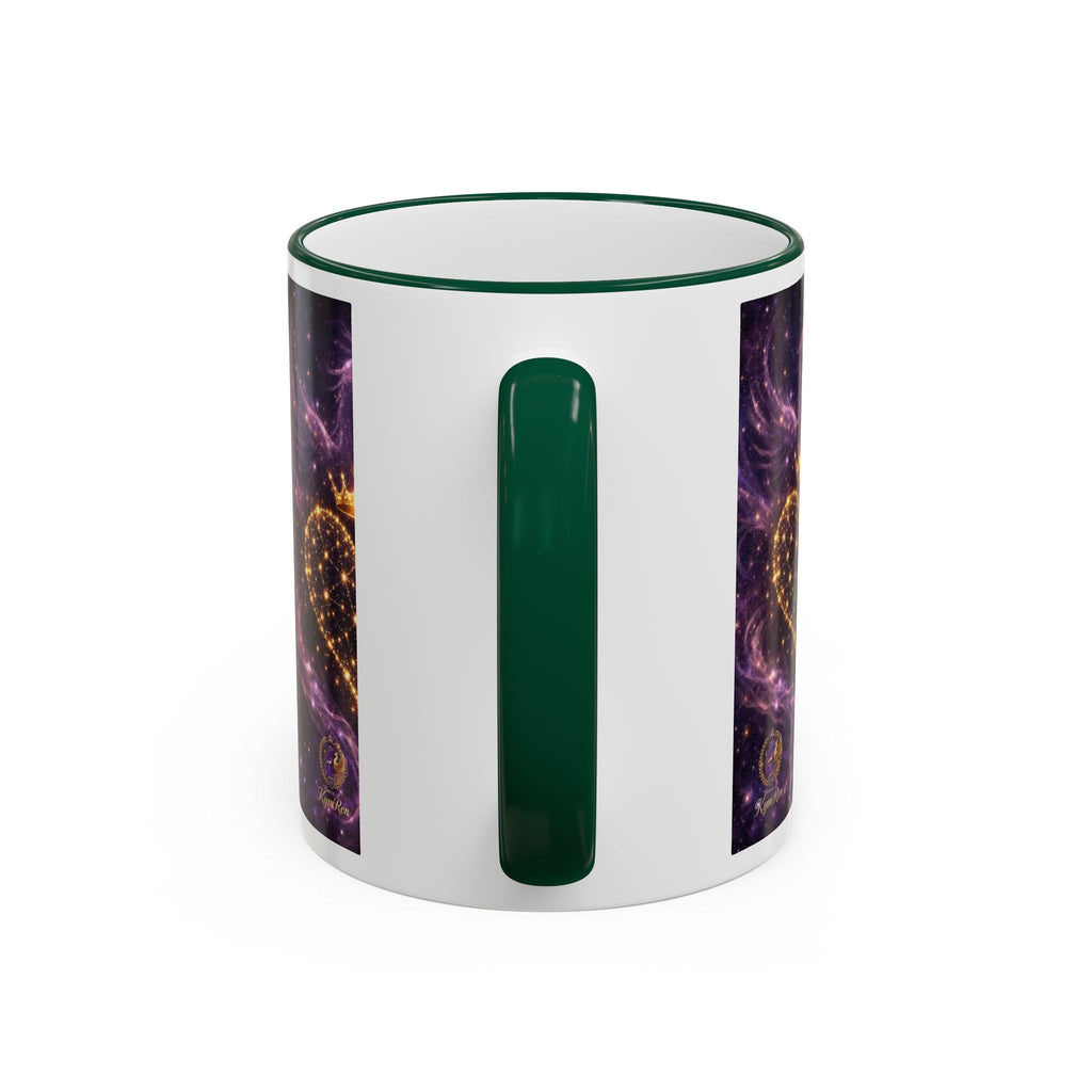 Mug with green handle and colorful abstract design on a white background