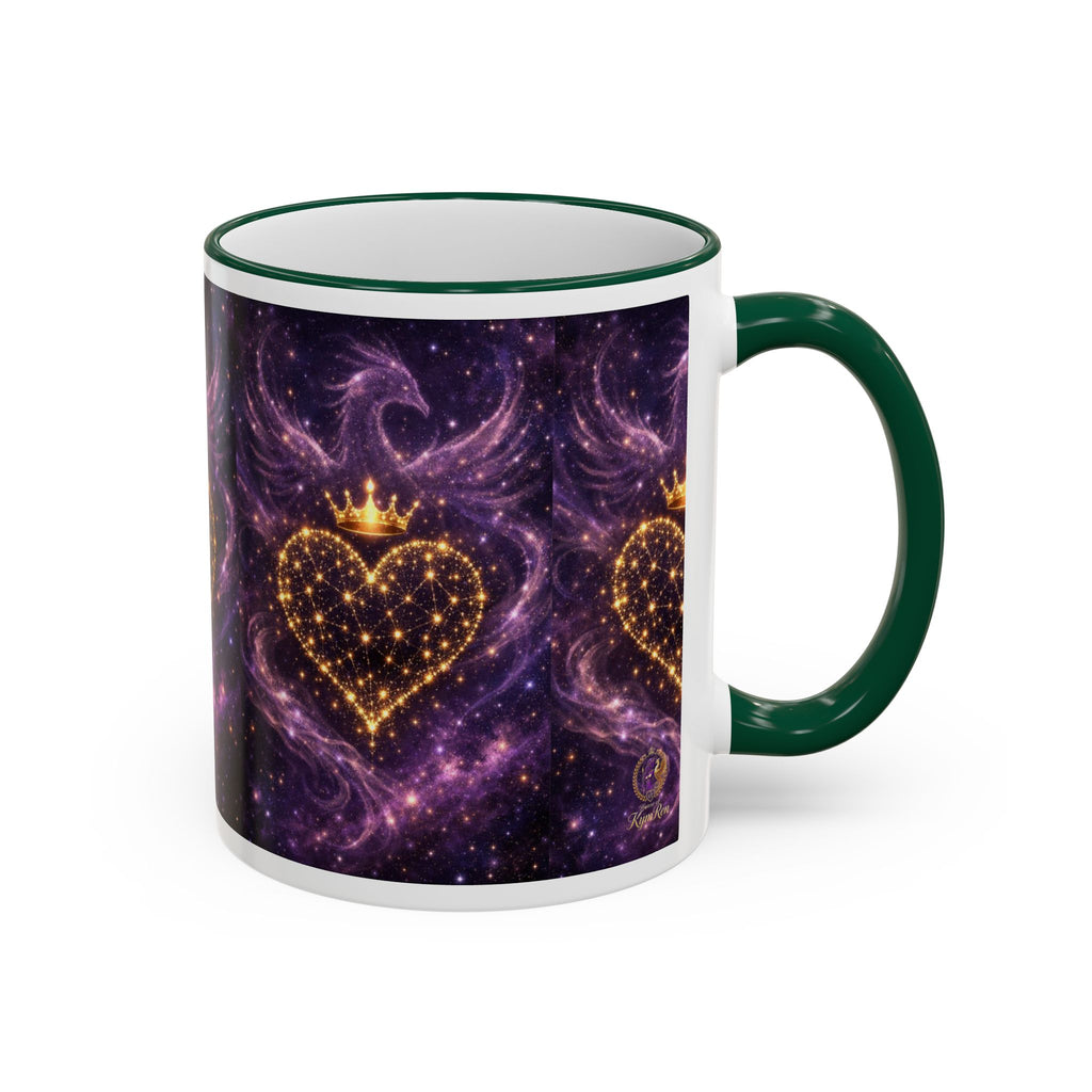 Mug with a heart design featuring a crown on a purple background