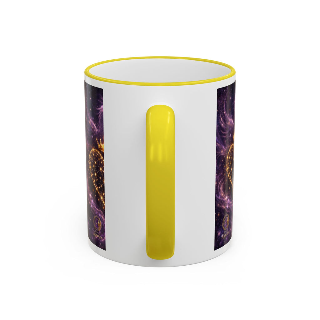 Mug with a yellow handle and colorful design on a white background