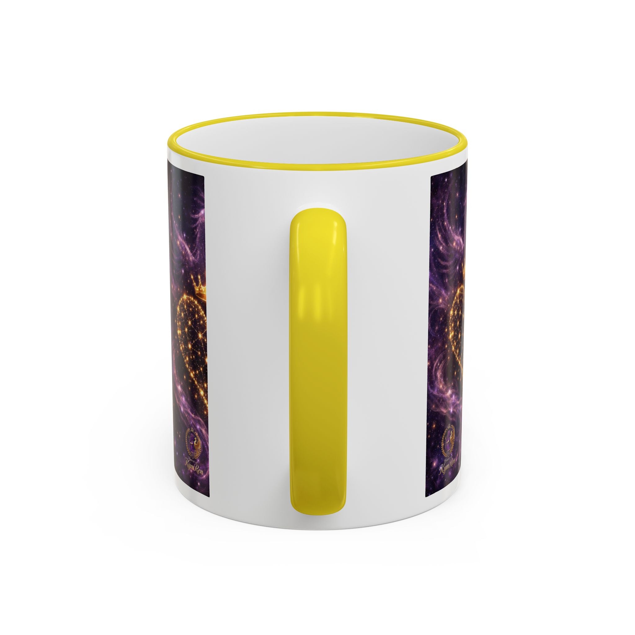 Mug with a yellow handle and colorful design on a white background