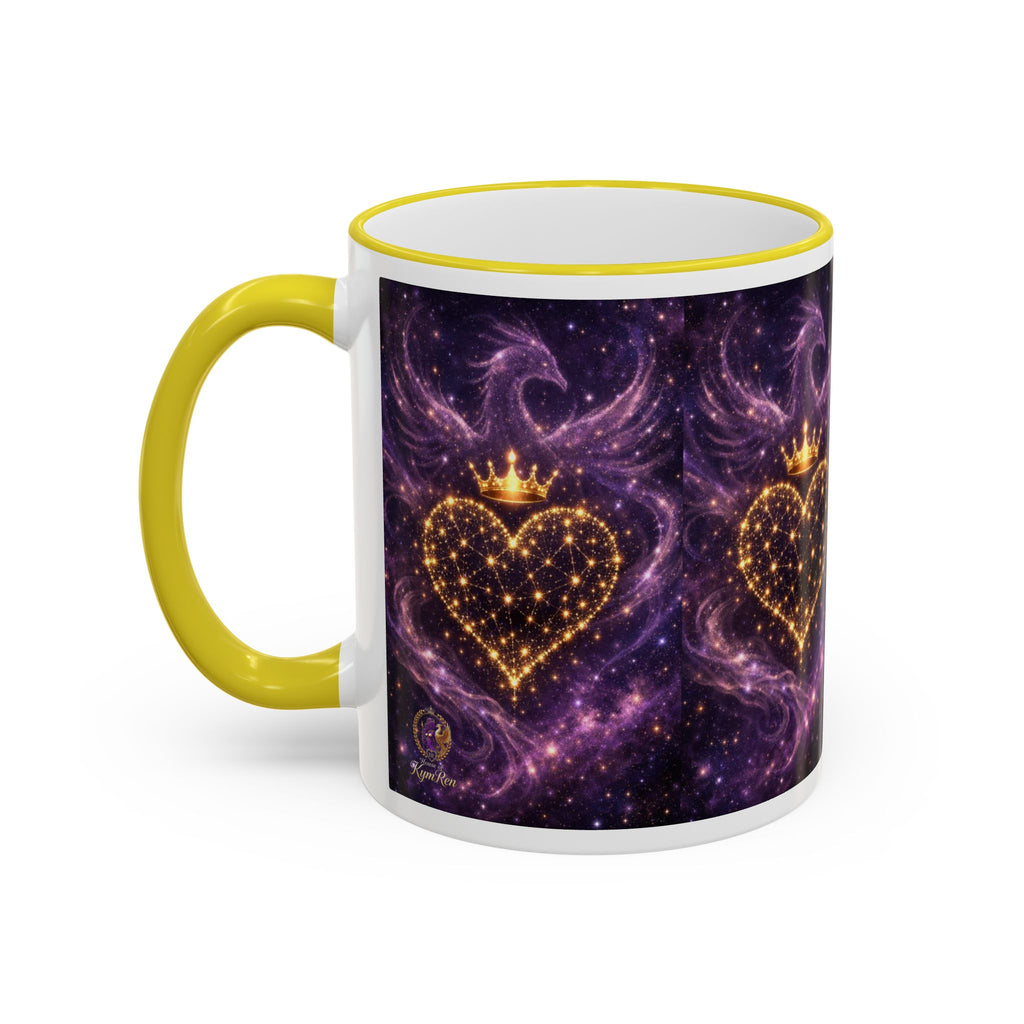 Mug with a purple heart design and yellow handle on a white background