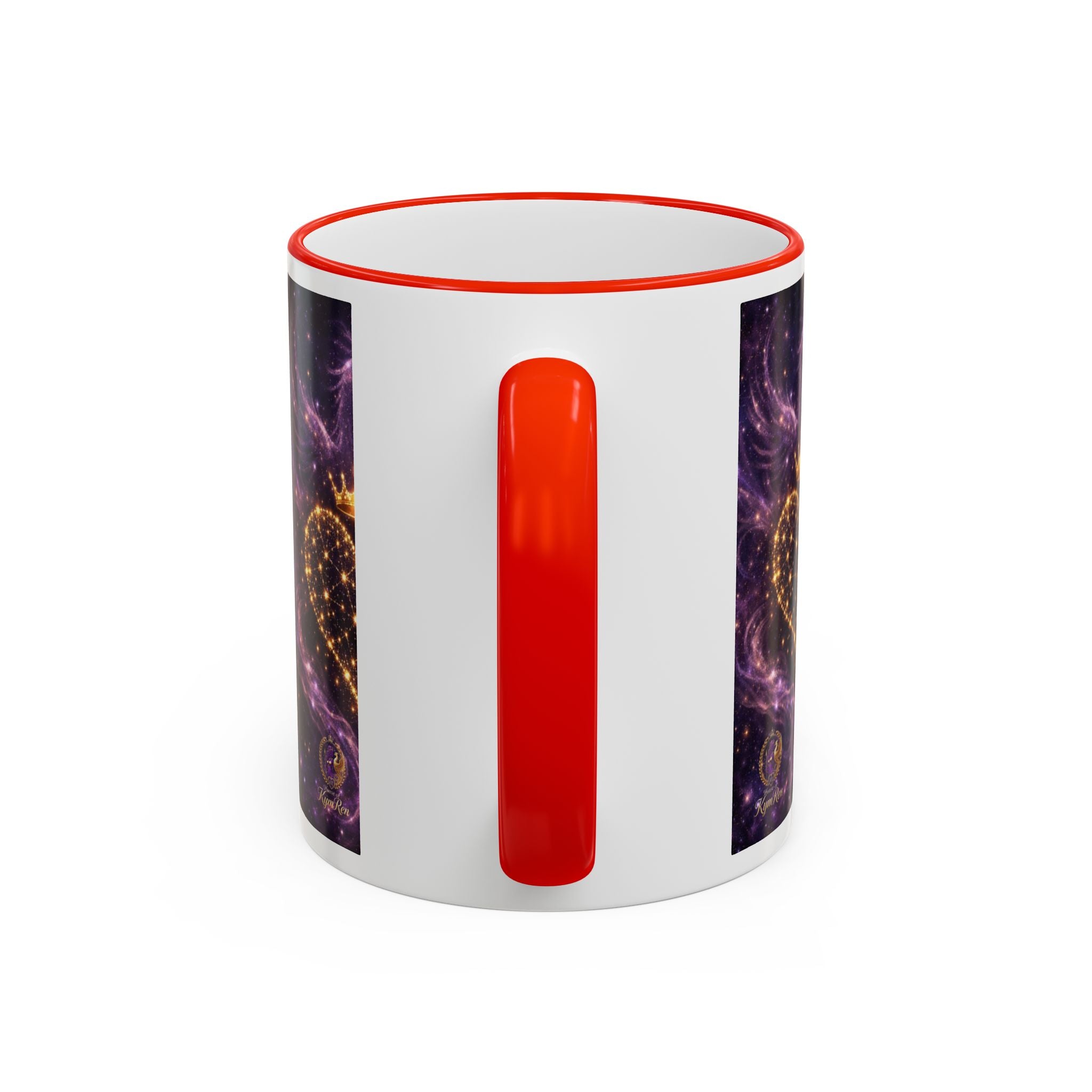 Mug with a red interior and handle, featuring abstract designs on the sides.