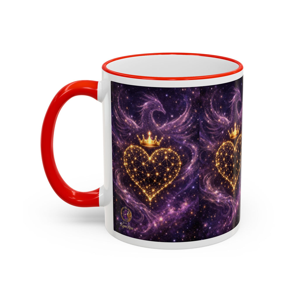 Mug with a heart design and red handle on a white background