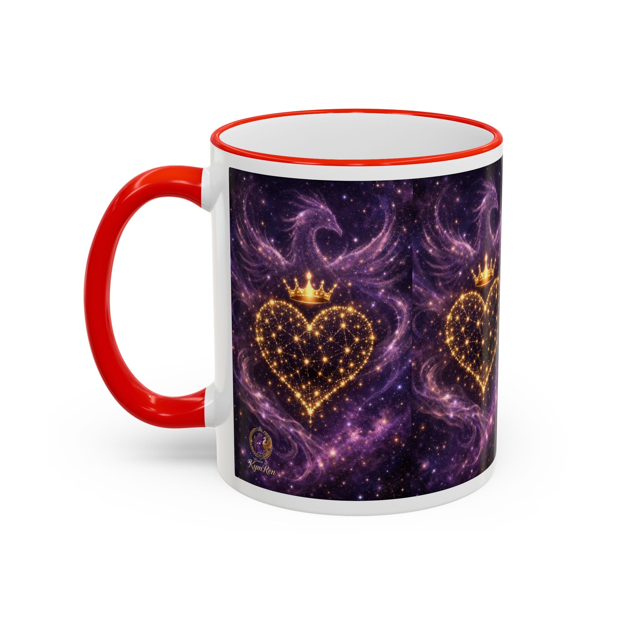 Mug with a heart design and red handle on a white background