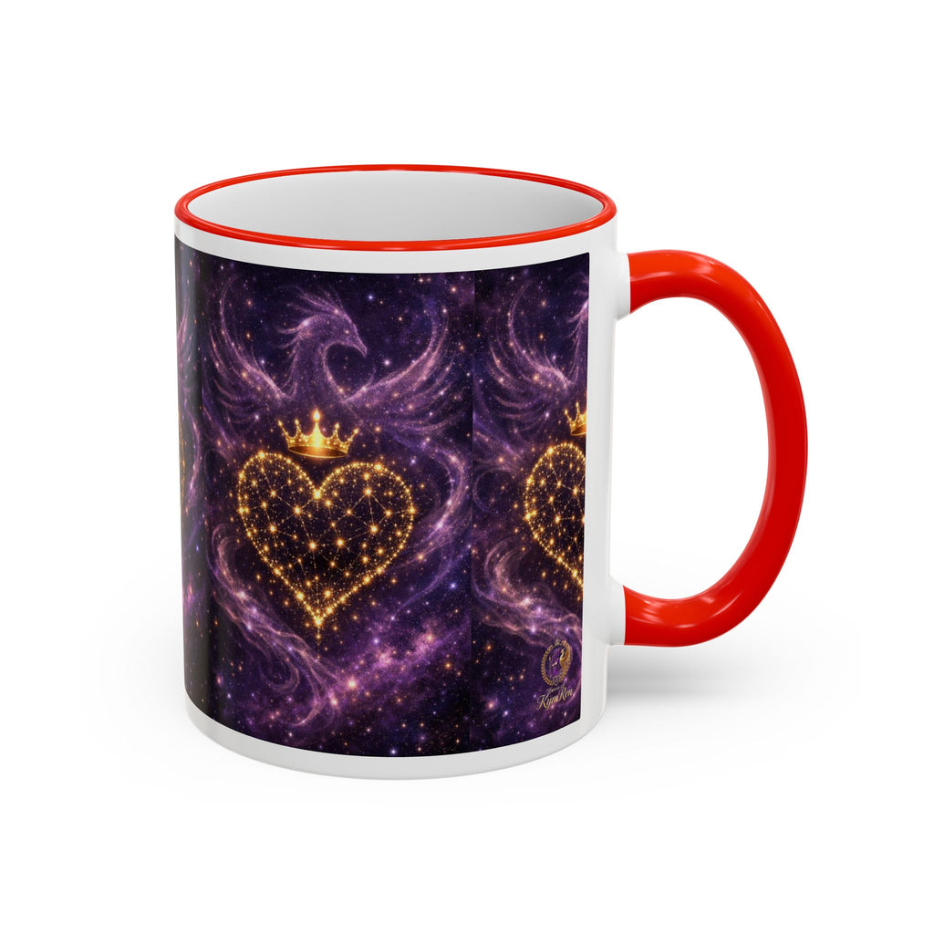 Mug with a purple heart design and red handle on a white background