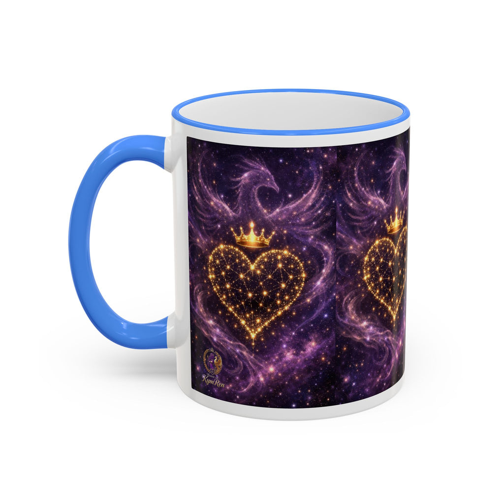 Mug with a heart design and blue handle on a white background