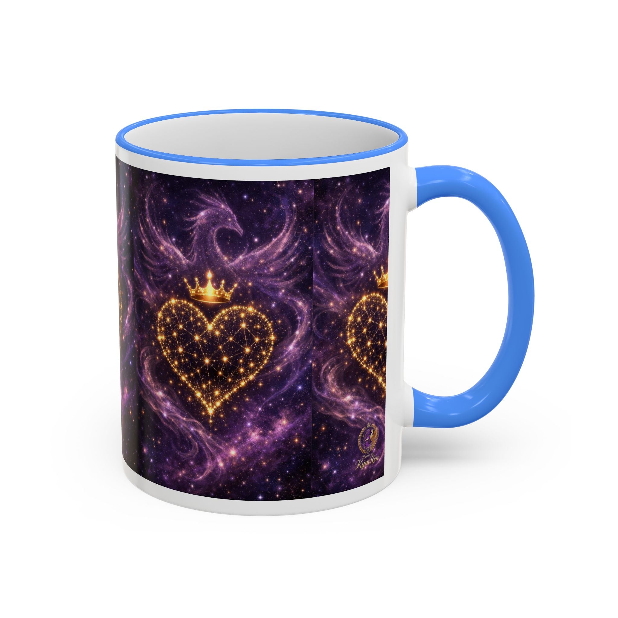 Mug with a heart design and blue handle on a white background