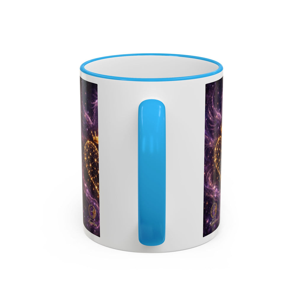 Mug with blue handle and colorful design on a white background