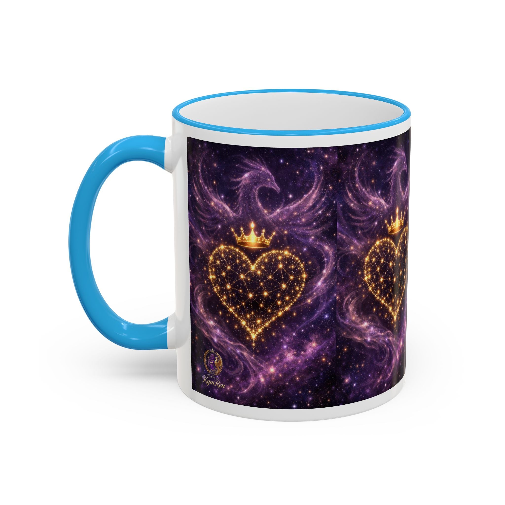 Mug with blue handle featuring a heart design on a purple background