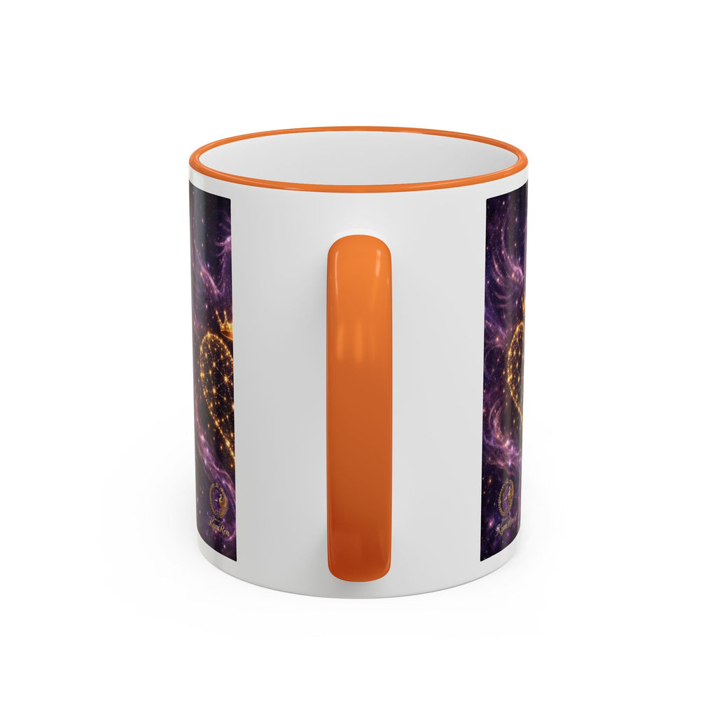 Mug with orange handle and colorful design on a white background