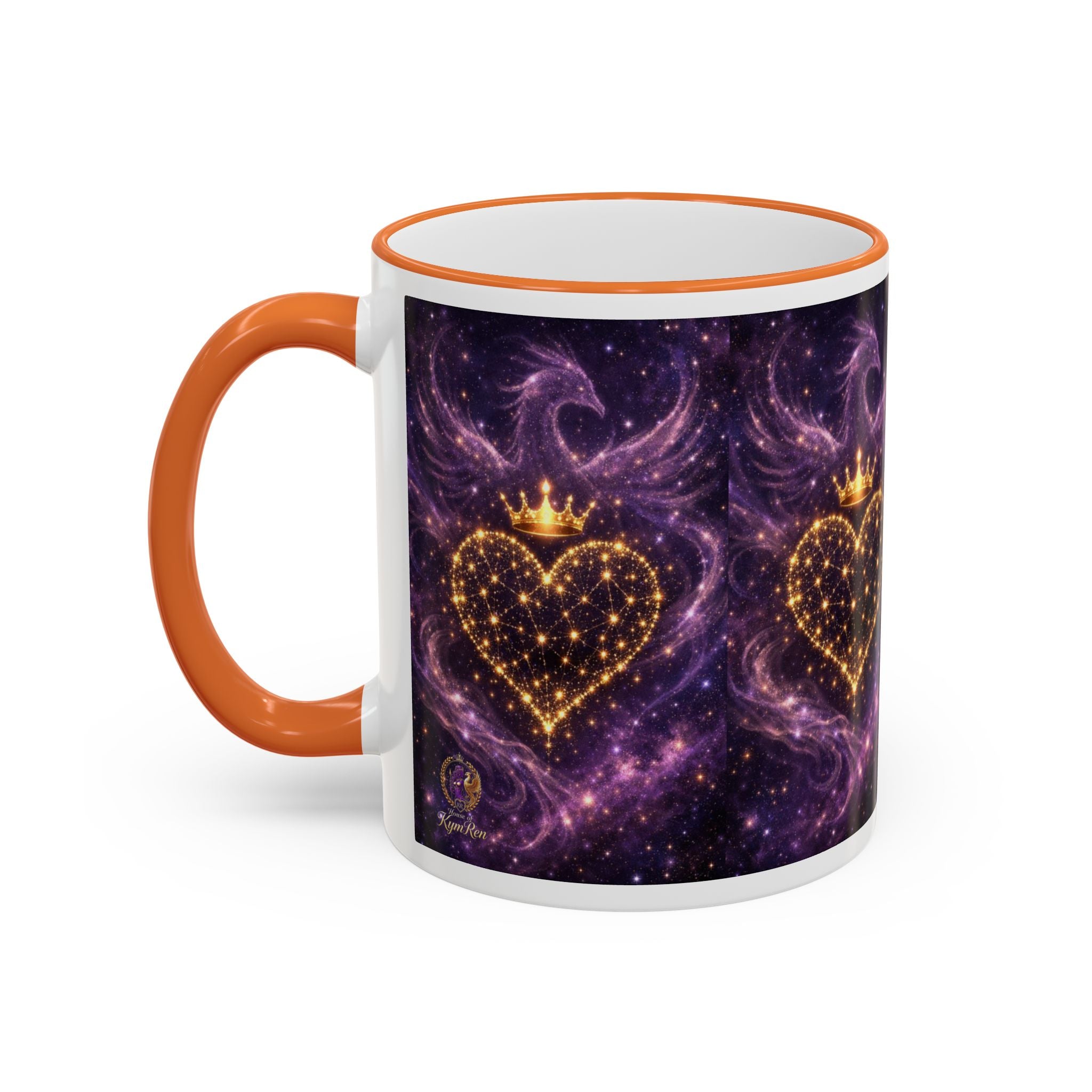 Mug with orange handle and purple heart design on a white background