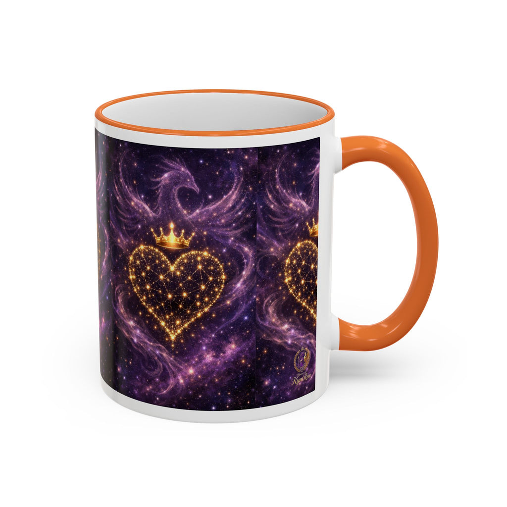 Mug with a purple heart design and orange handle on a white background