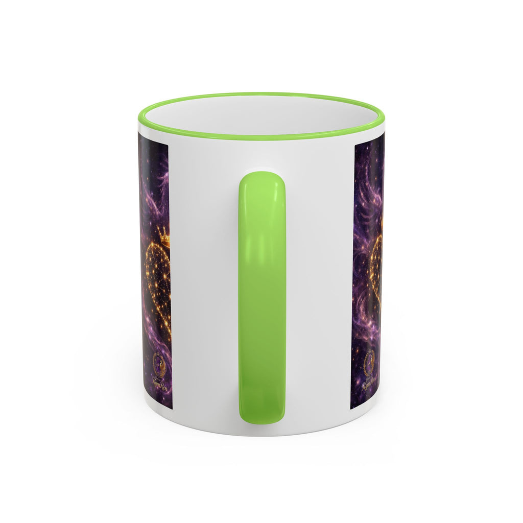 Mug with green handle and colorful design on a white background