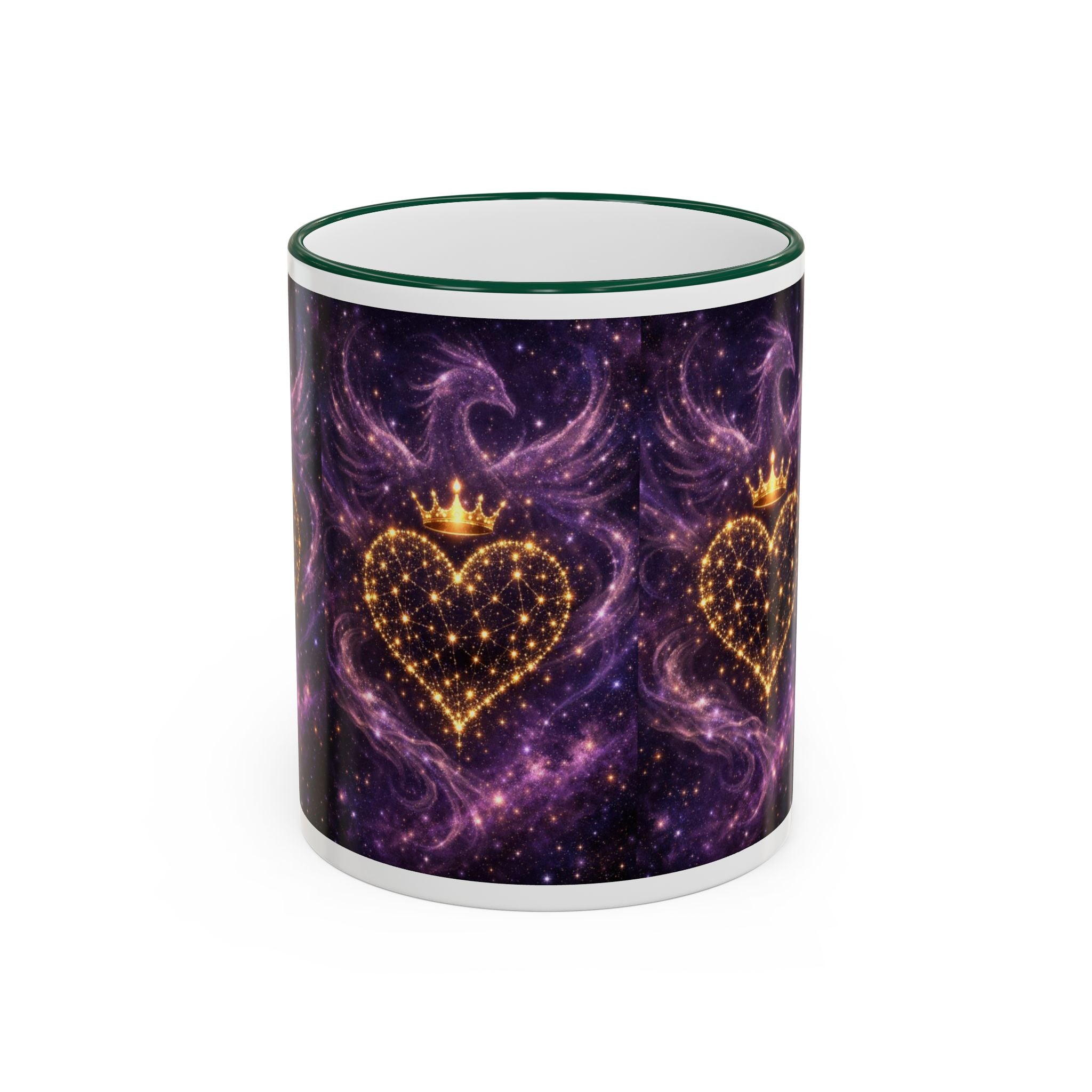 Mug with purple galaxy design and gold hearts on a white background