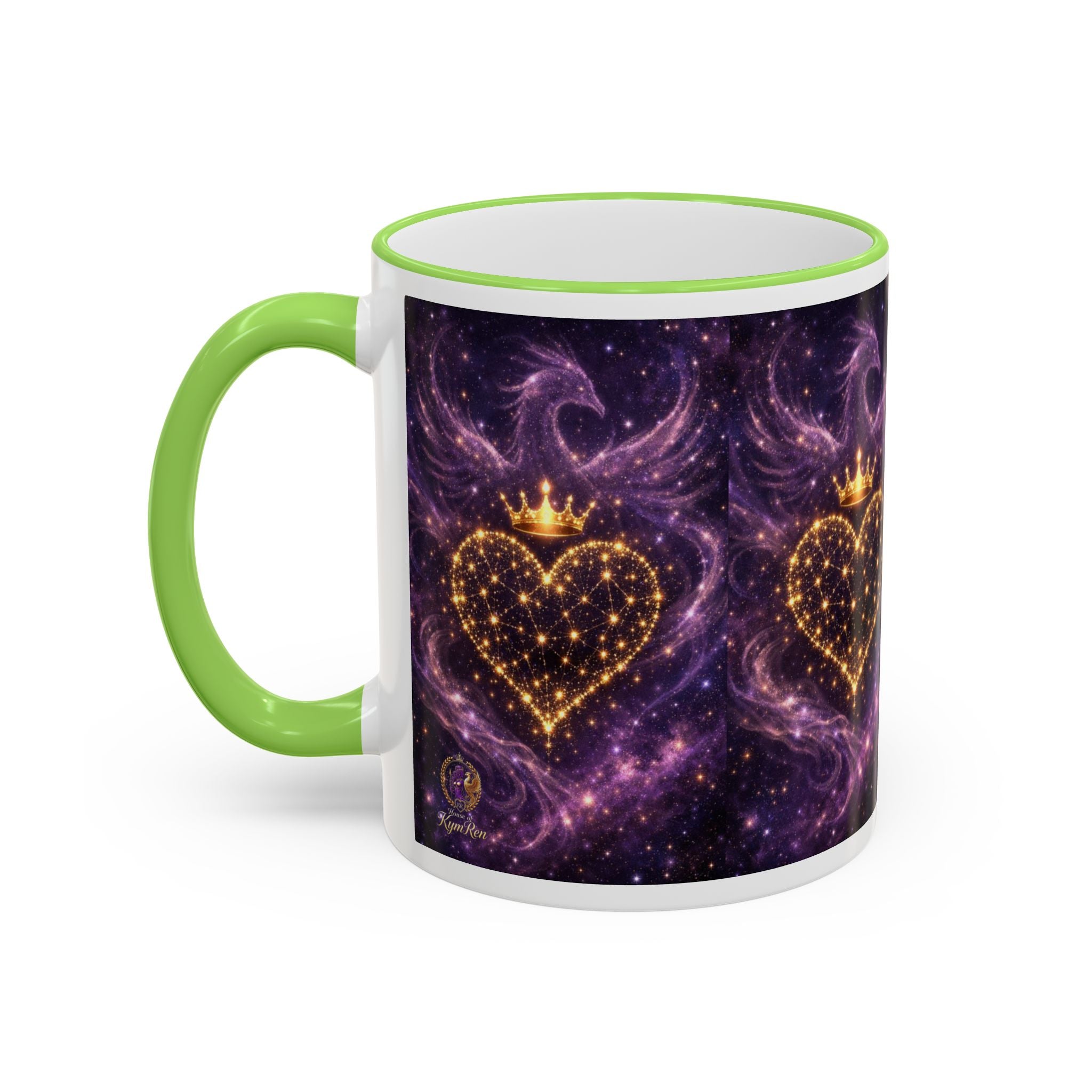 Mug with a heart design and green handle on a white background