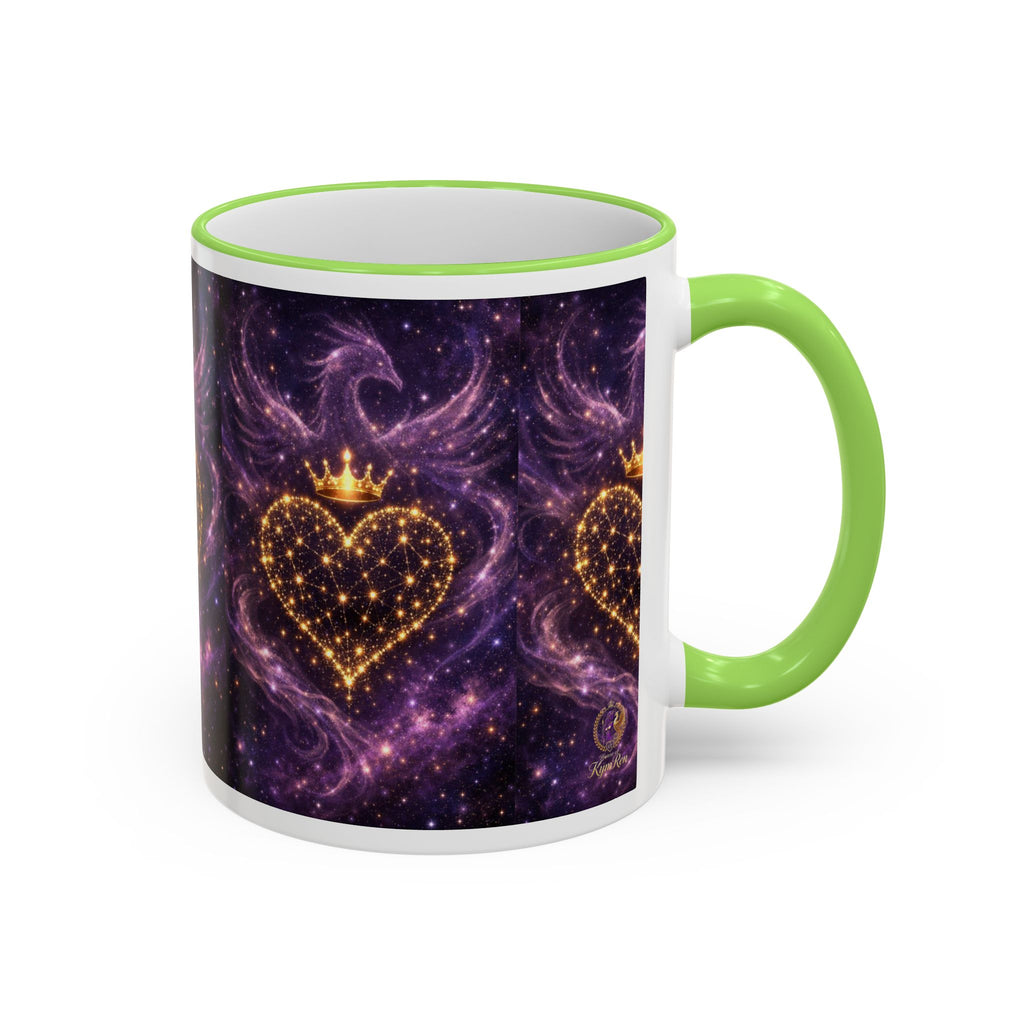 Mug with a purple heart design and green handle on a white background