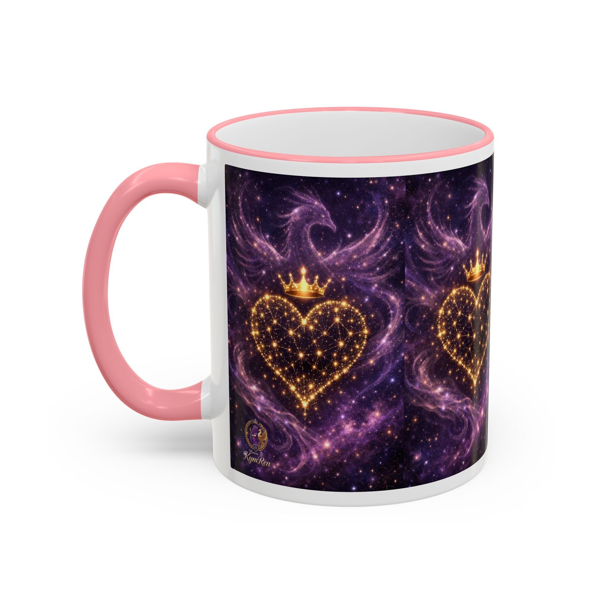 Mug with pink handle and purple heart design on a white background