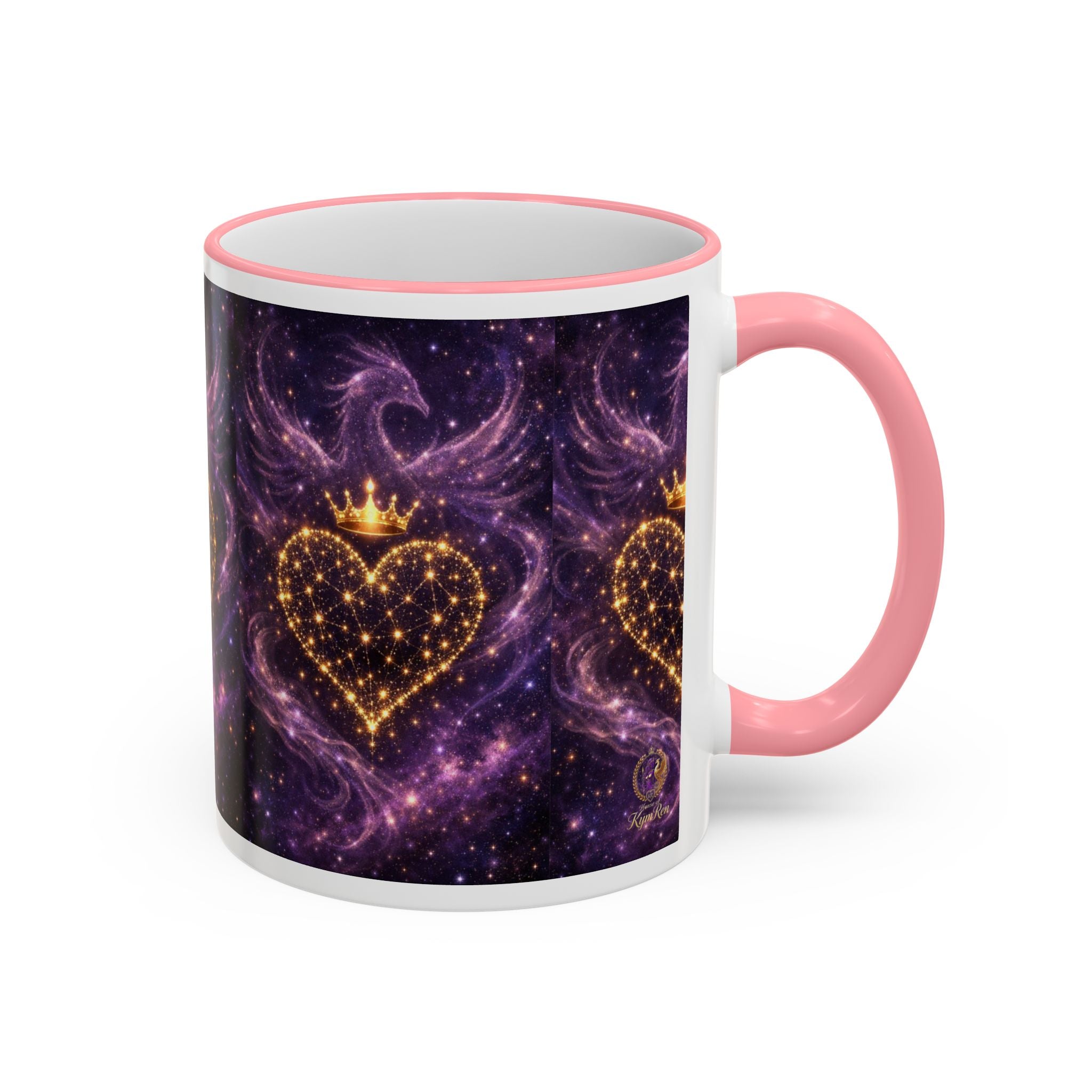 Mug with a purple heart design featuring a crown on a white background