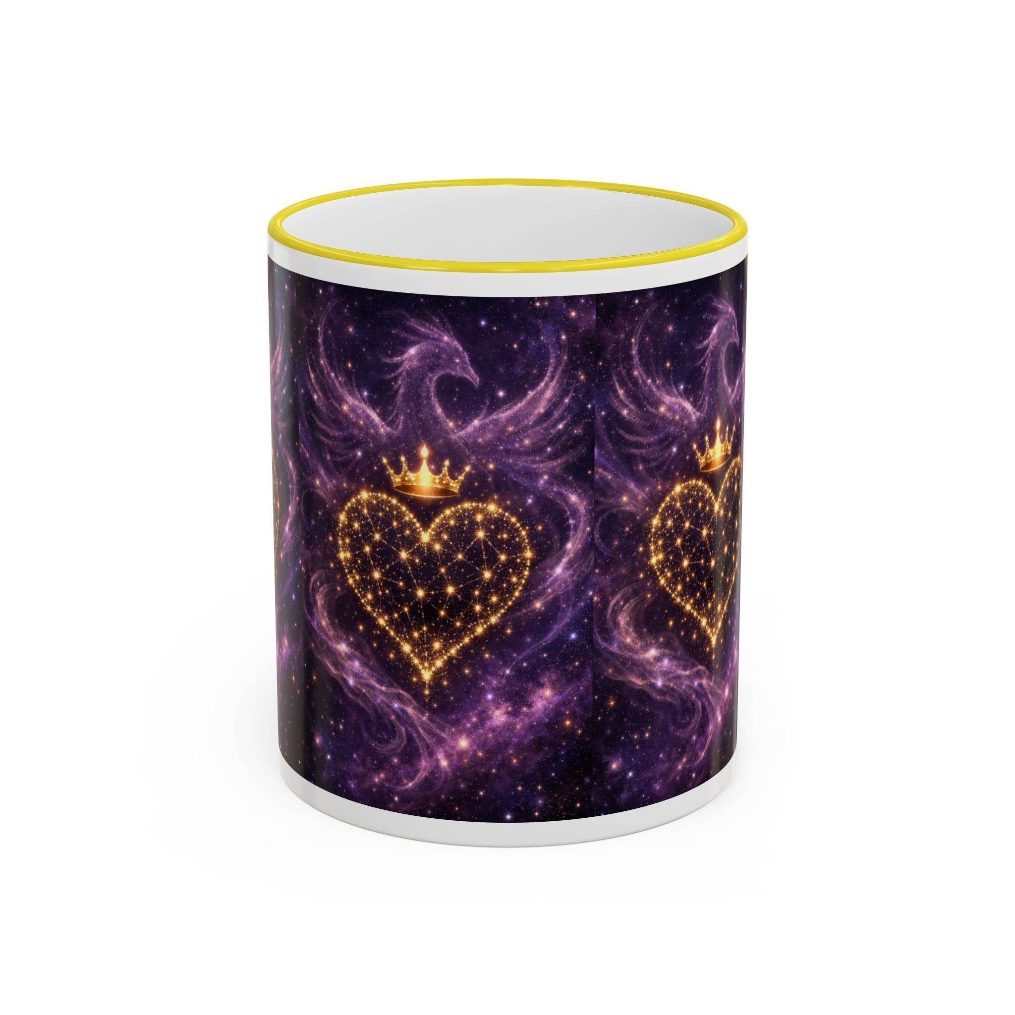 Mug with purple galaxy design and gold hearts on a white background