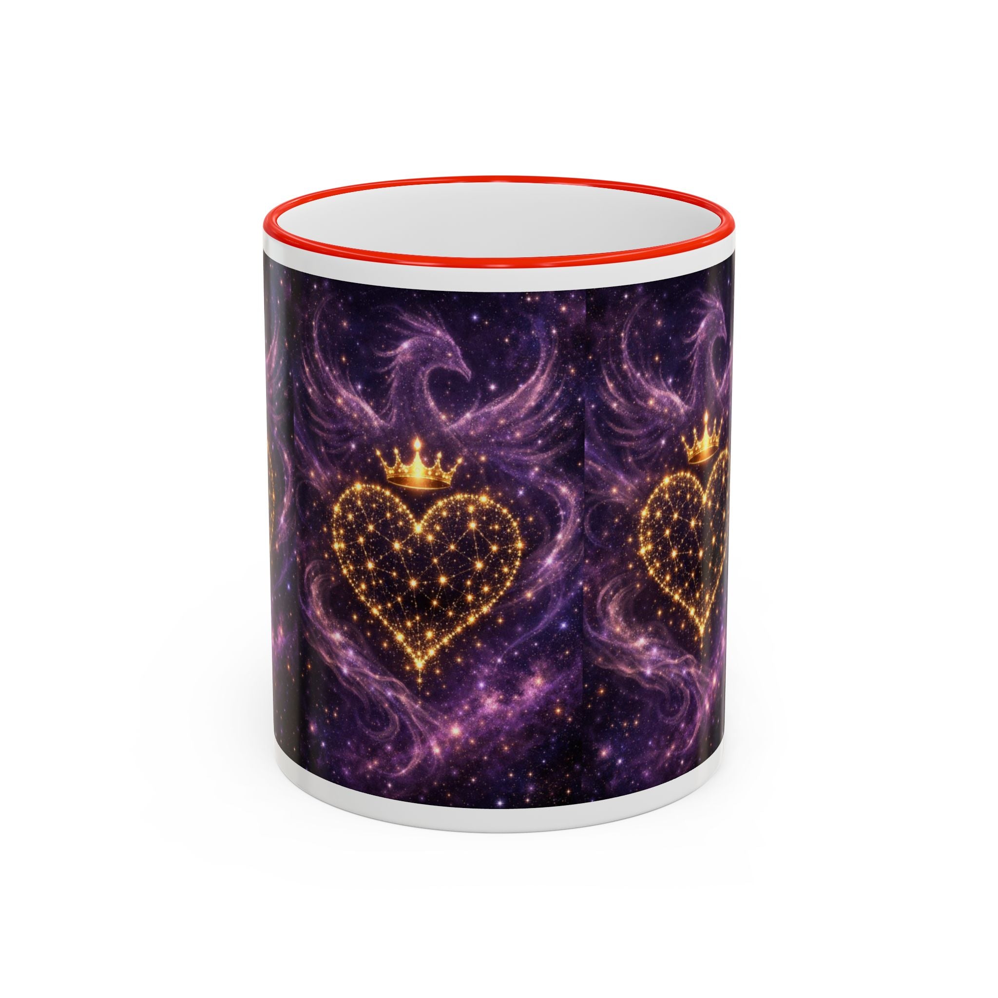Mug with purple galaxy design and gold hearts on a white background