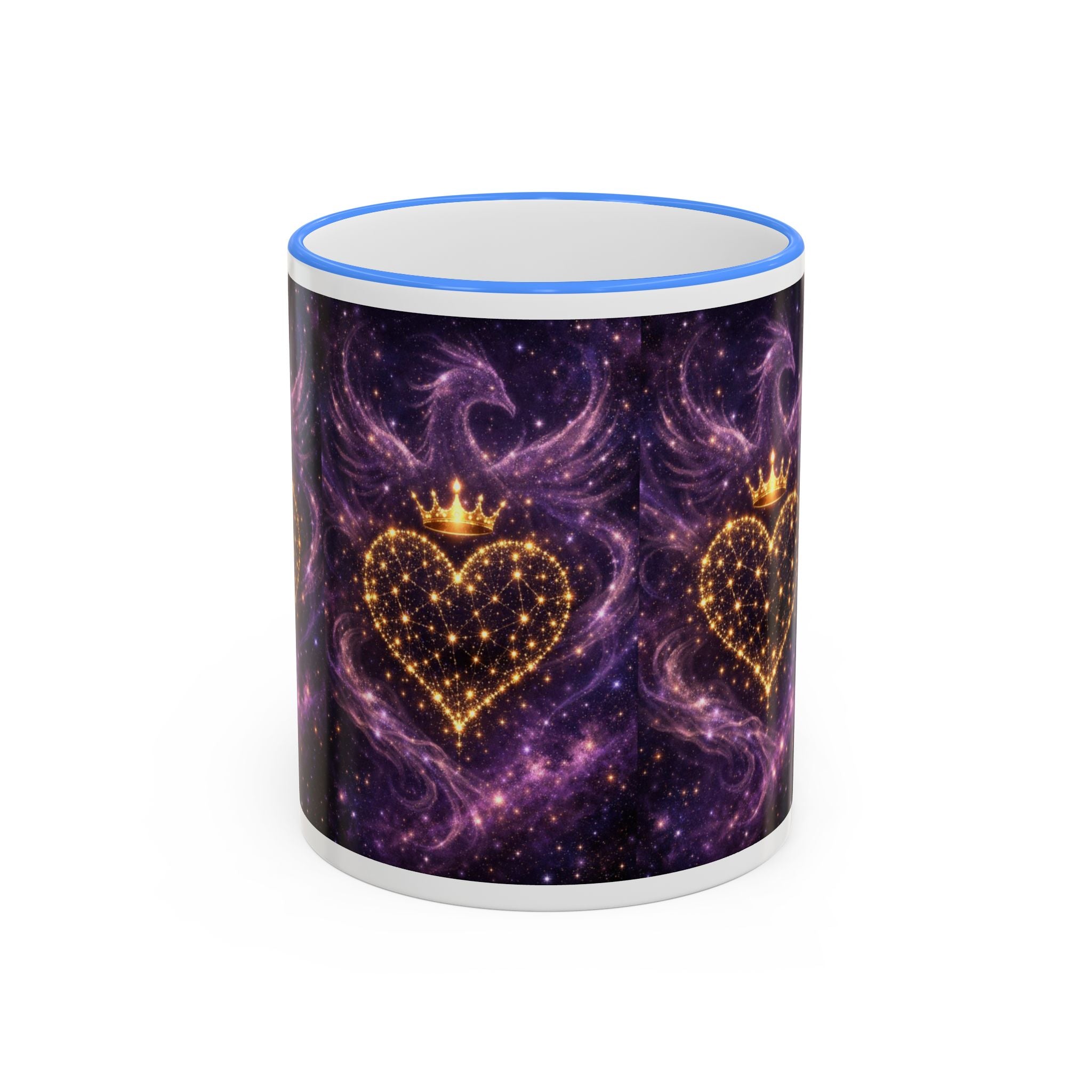 Mug with galaxy and heart design on a white background