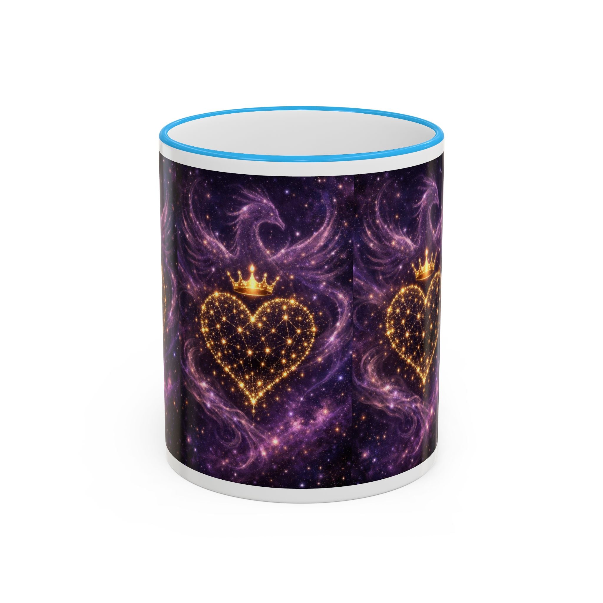 Mug with a purple galaxy design featuring gold hearts and crowns on a white background