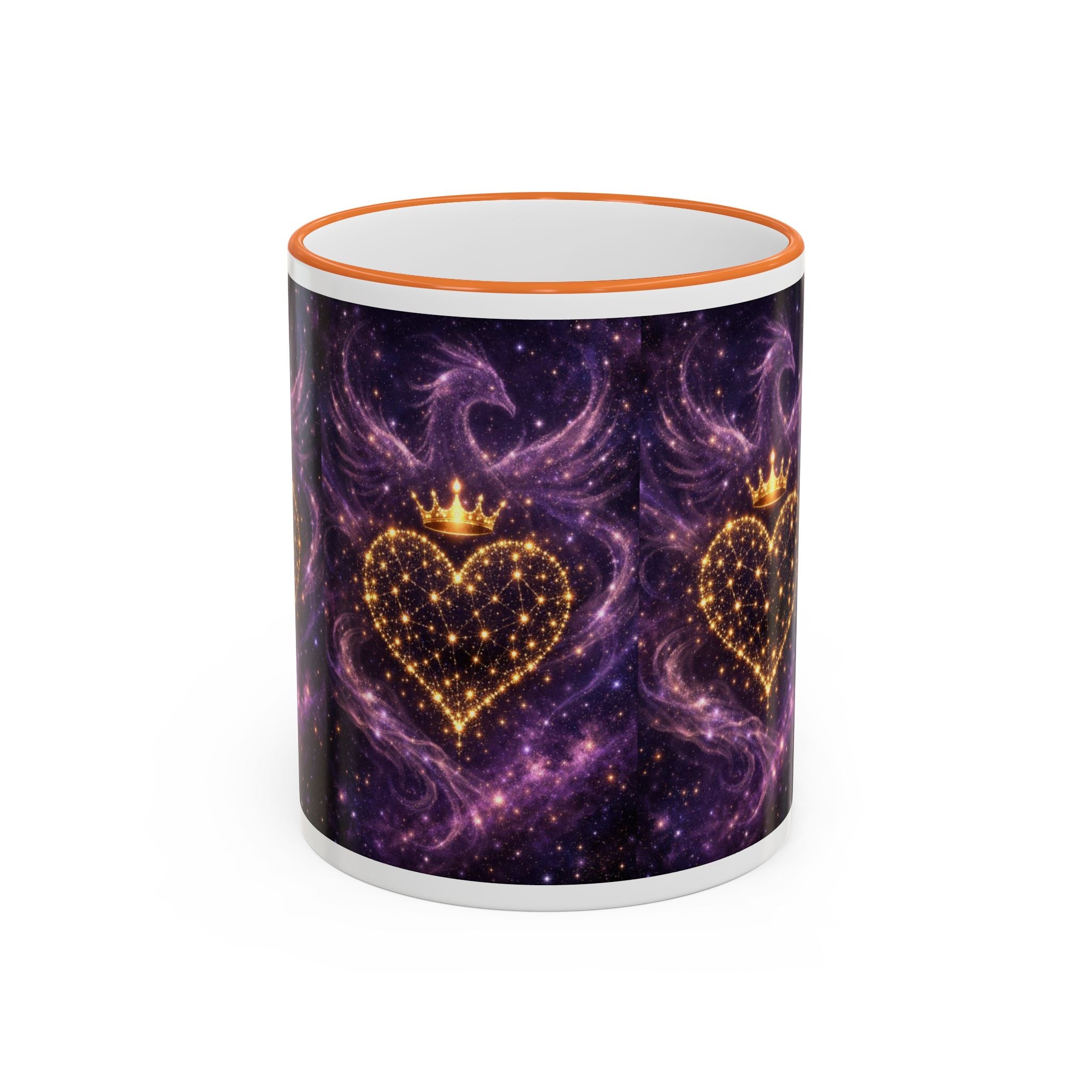 Mug with purple galaxy design and gold hearts on a white background