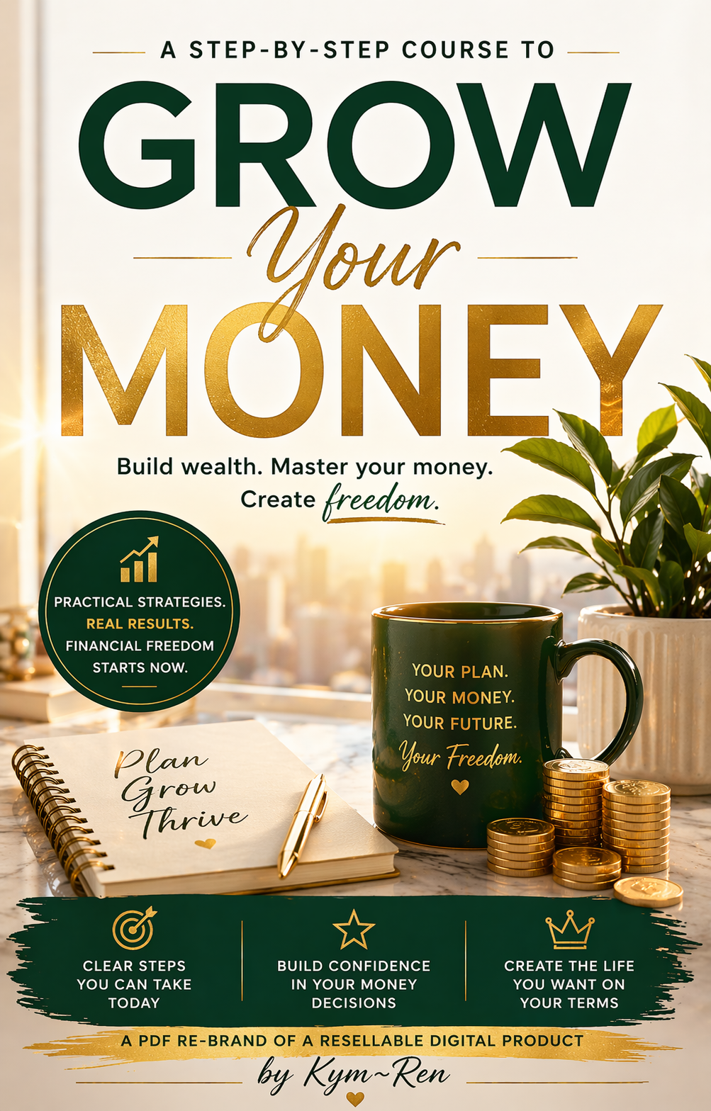 Book cover of 'Grow Your Money' with a mug, notebook, and coins on a table.