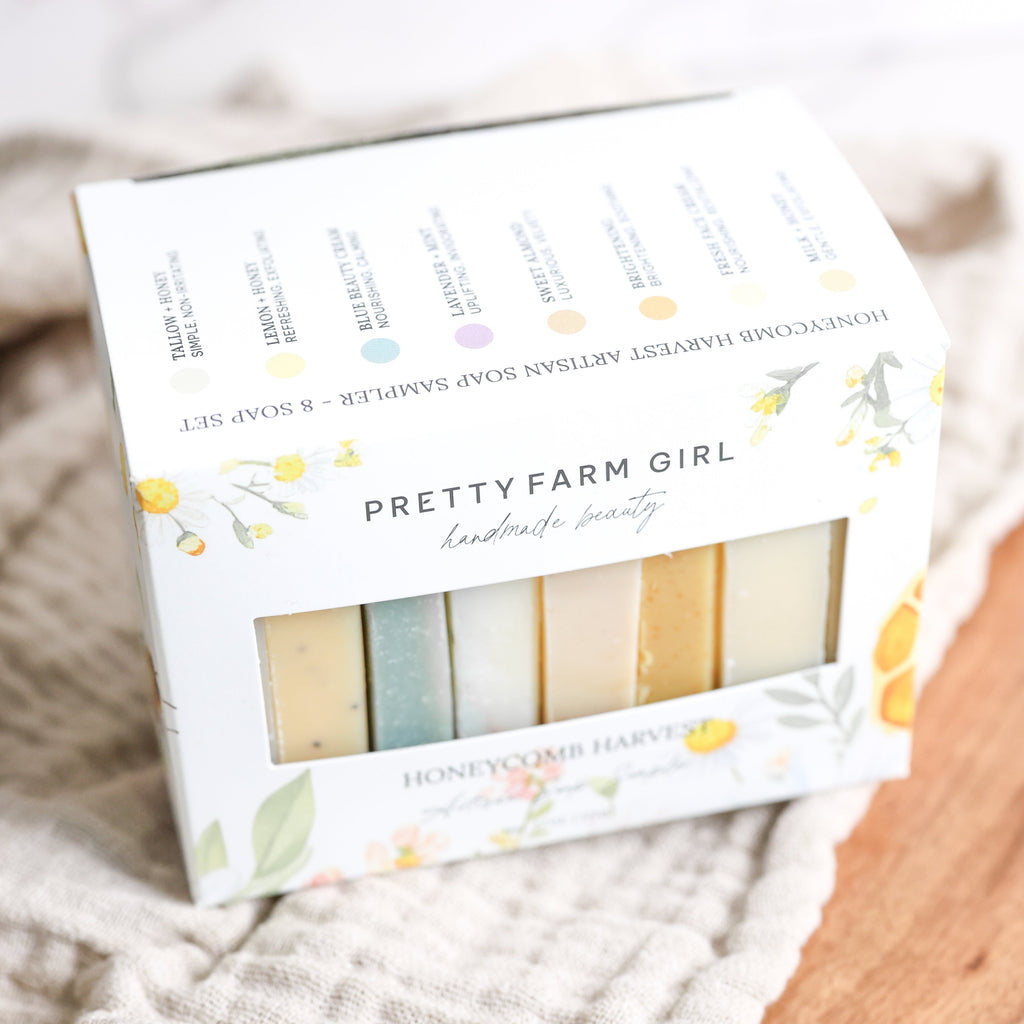 Pretty Farm Girl soap set packaging with soap bars inside on a soft background