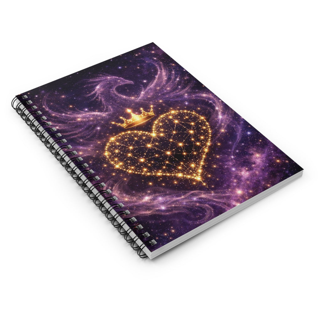Spiral-bound notebook with a cosmic design featuring a heart and crown on a purple background.