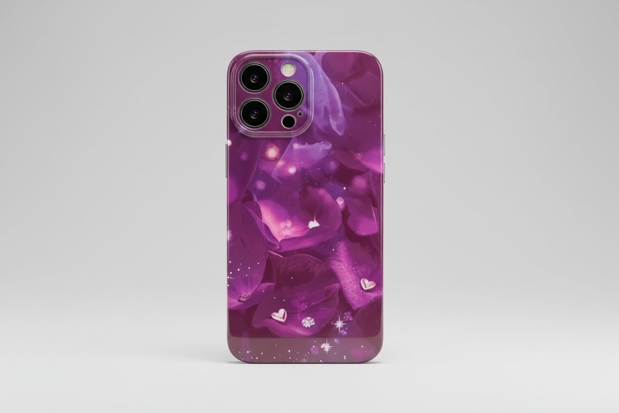 Phone case with purple design on a red background with 'sale' text