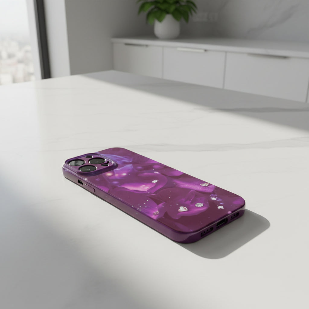Phone with a purple and pink gradient case on a light surface
